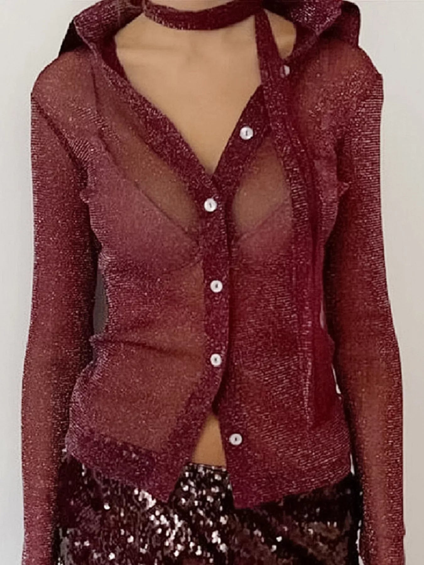 Trendsi Button Down Long Sleeve Shirt with Scarf -