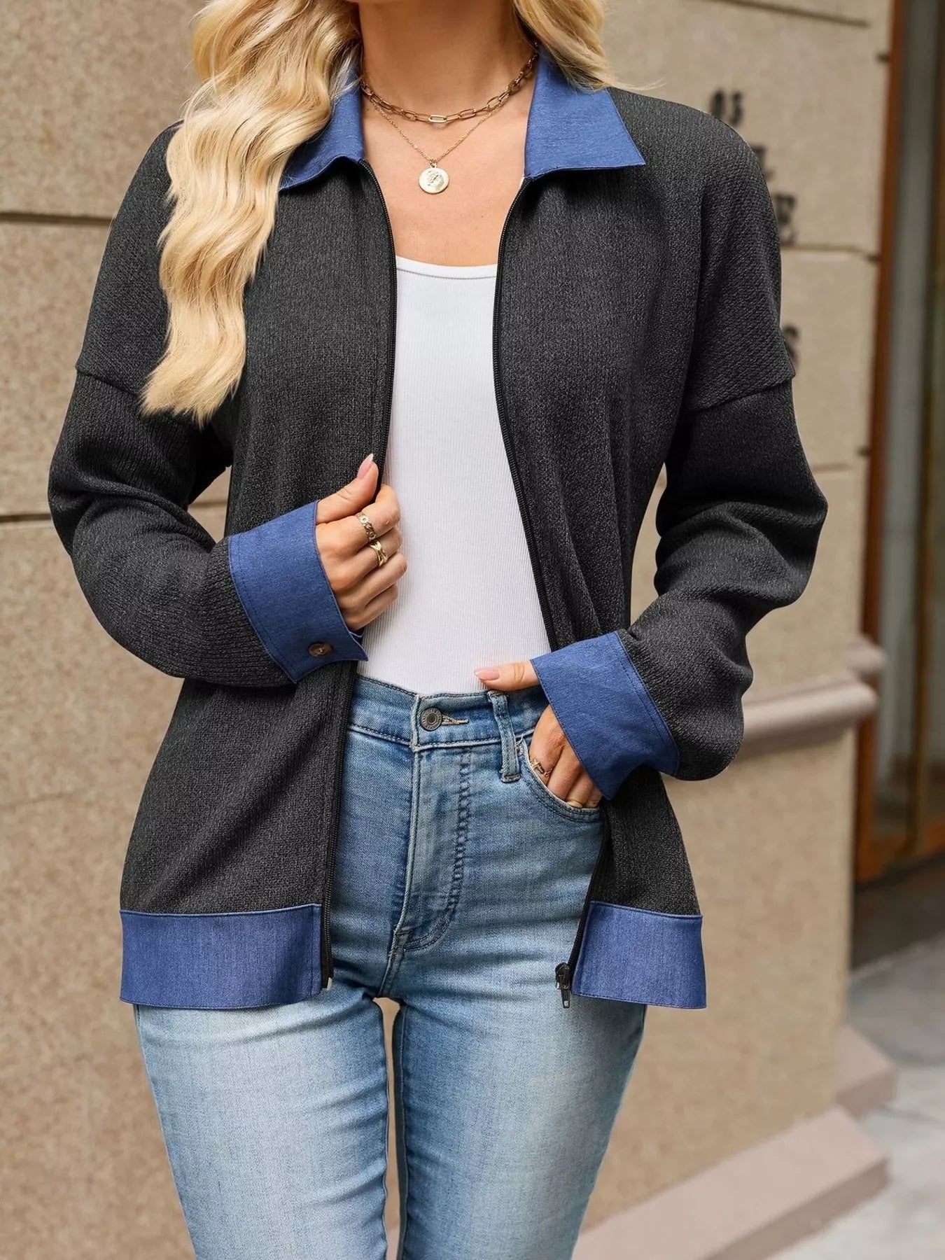 Trendsi Contrast Denim Collar Zip Up Outerwear -