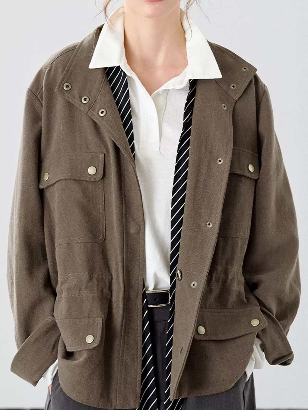 Drawstring utility jacket, brown angled front