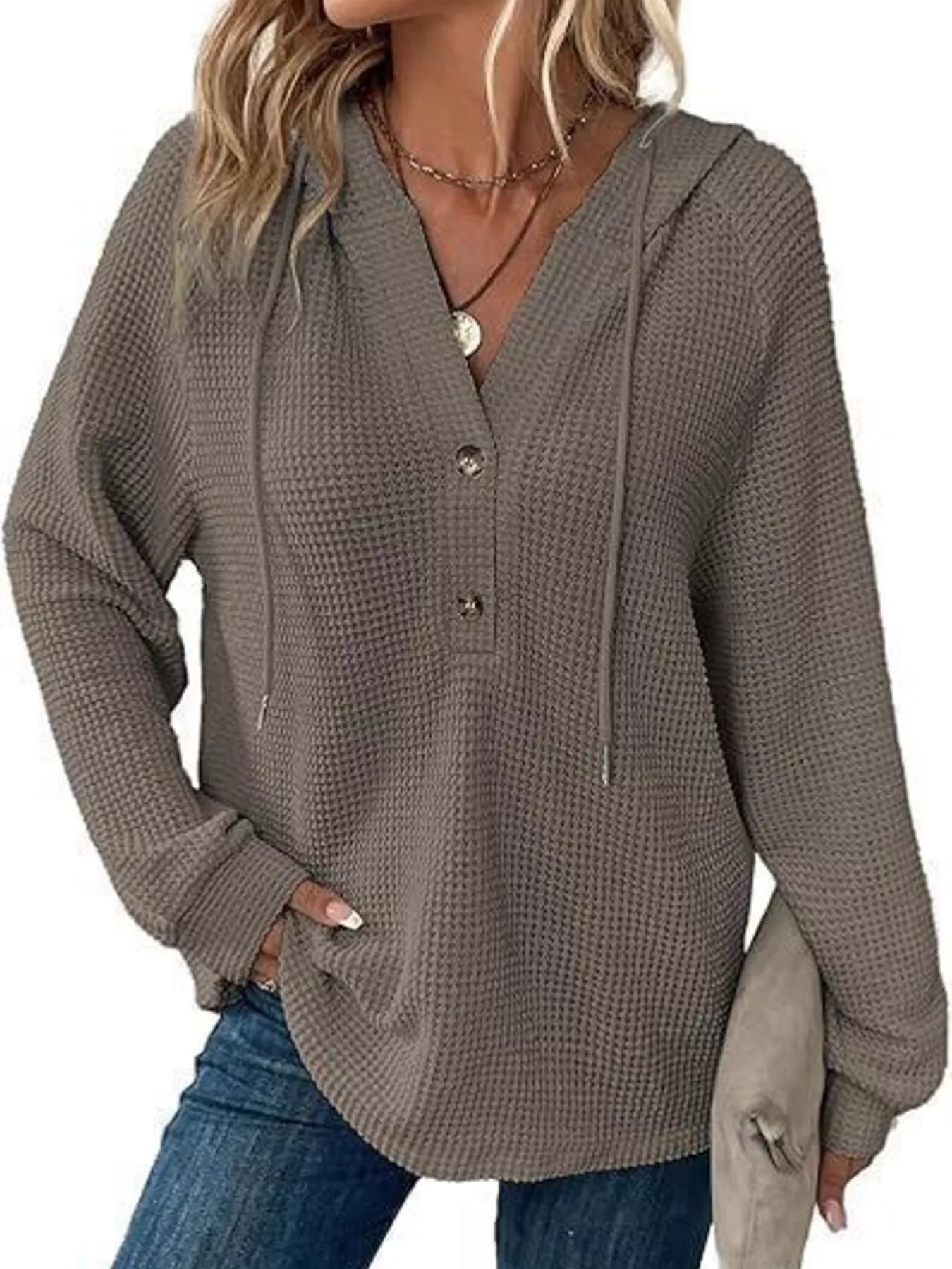 Trendsi Full Size Waffle Knit Half-Button Hoodie Plus Size -