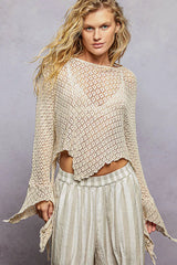 Trendsi POL Raw Edge Open Sleeve High-Low Cotton Knit Top -