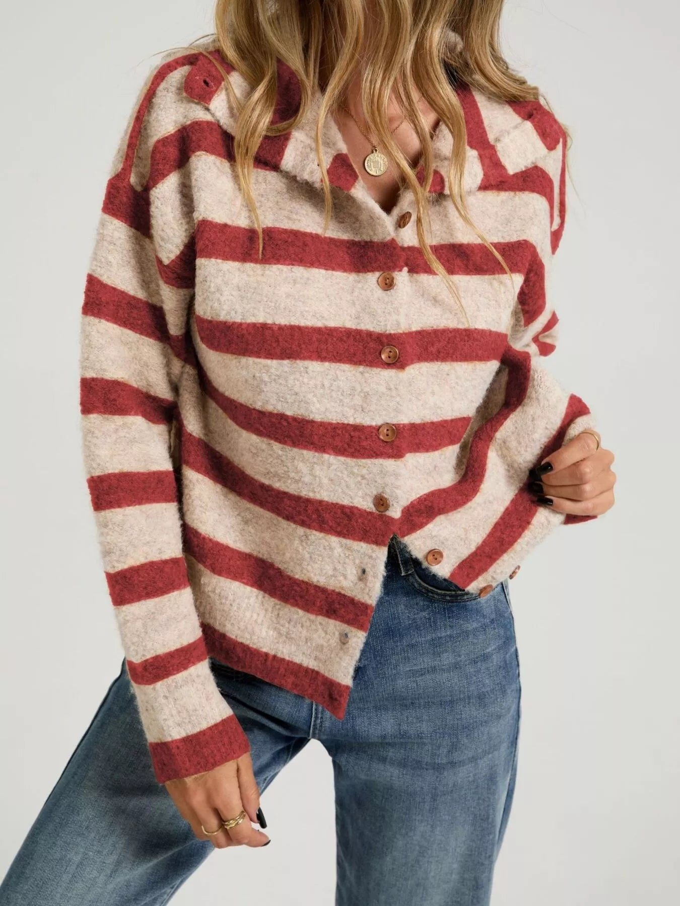 Trendsi Striped Fuzzy Knit Cardigan -