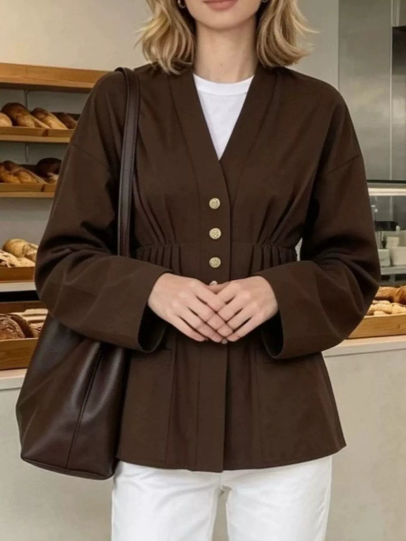 Trendsi Pleated Waist Blouse with Button Detail -