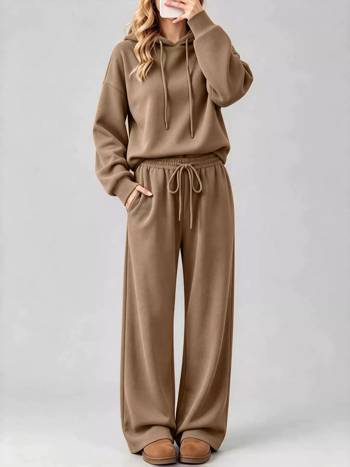 Coffee Brown dropped shoulder hoodie and wide-leg pants set