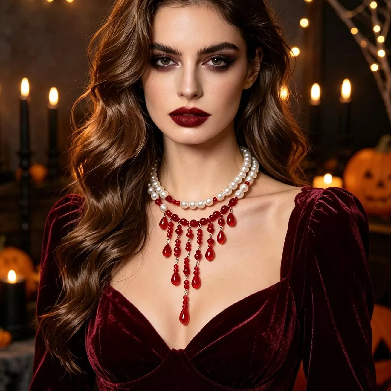 Trendsi Halloween Teardrop Beaded Double Layered Necklace -