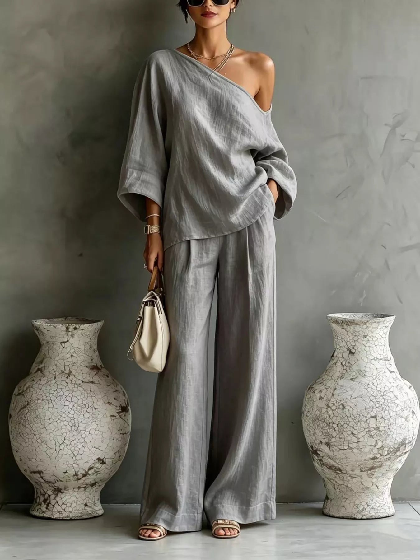 Trendsi One Shoulder Top and Wide Leg Pants Set -