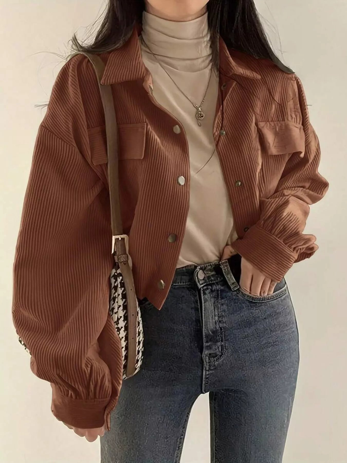 Trendsi Corduroy Snap Down Cropped Jacket -