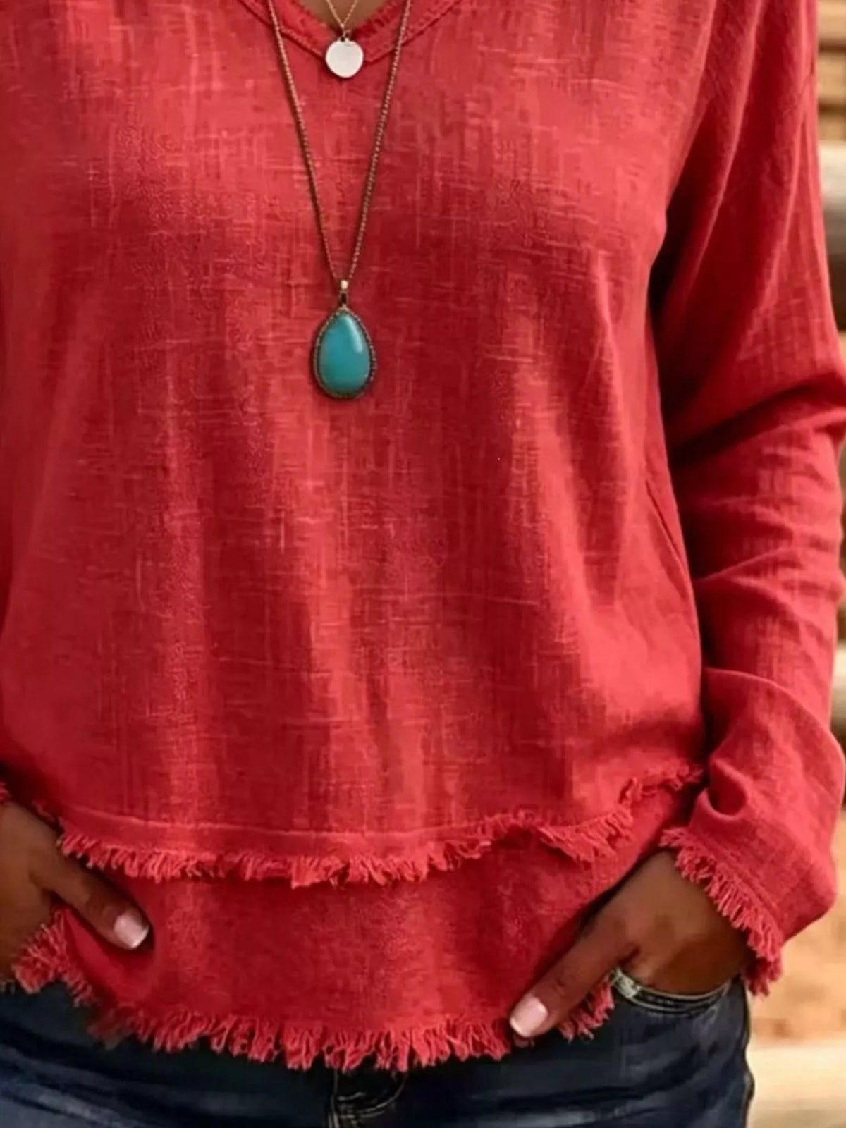 Trendsi V-Neck Frayed Hem Long Sleeve T-Shirt -