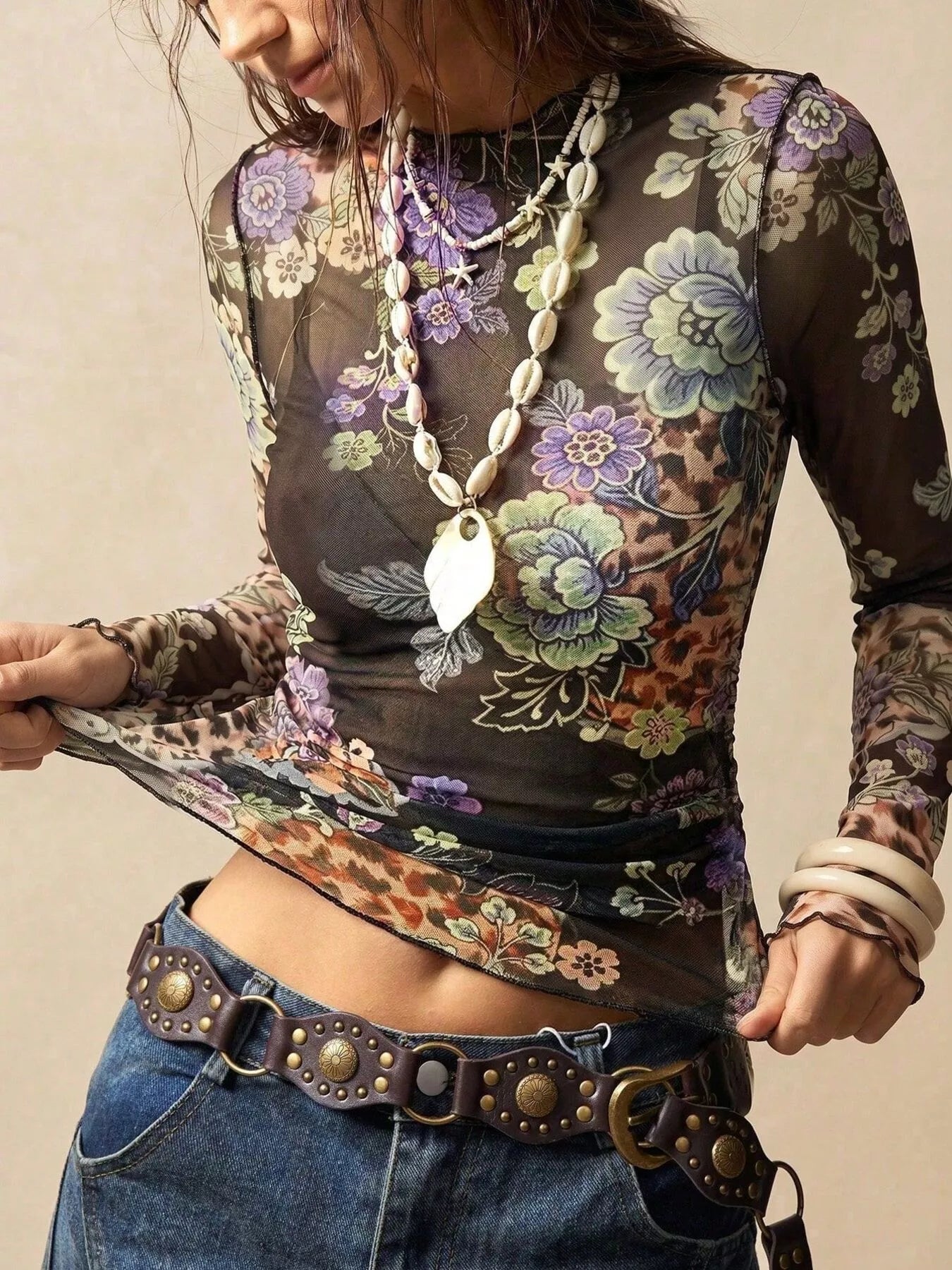 Trendsi Floral Mesh Long Sleeve Top -