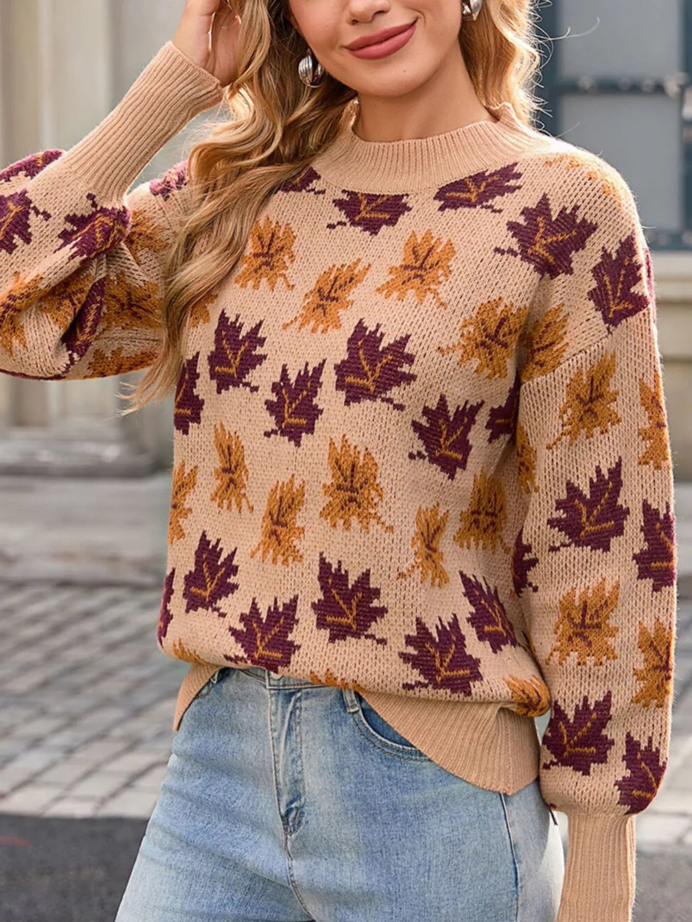 Trendsi Autumn Leaf Pattern Mock Neck Sweater -