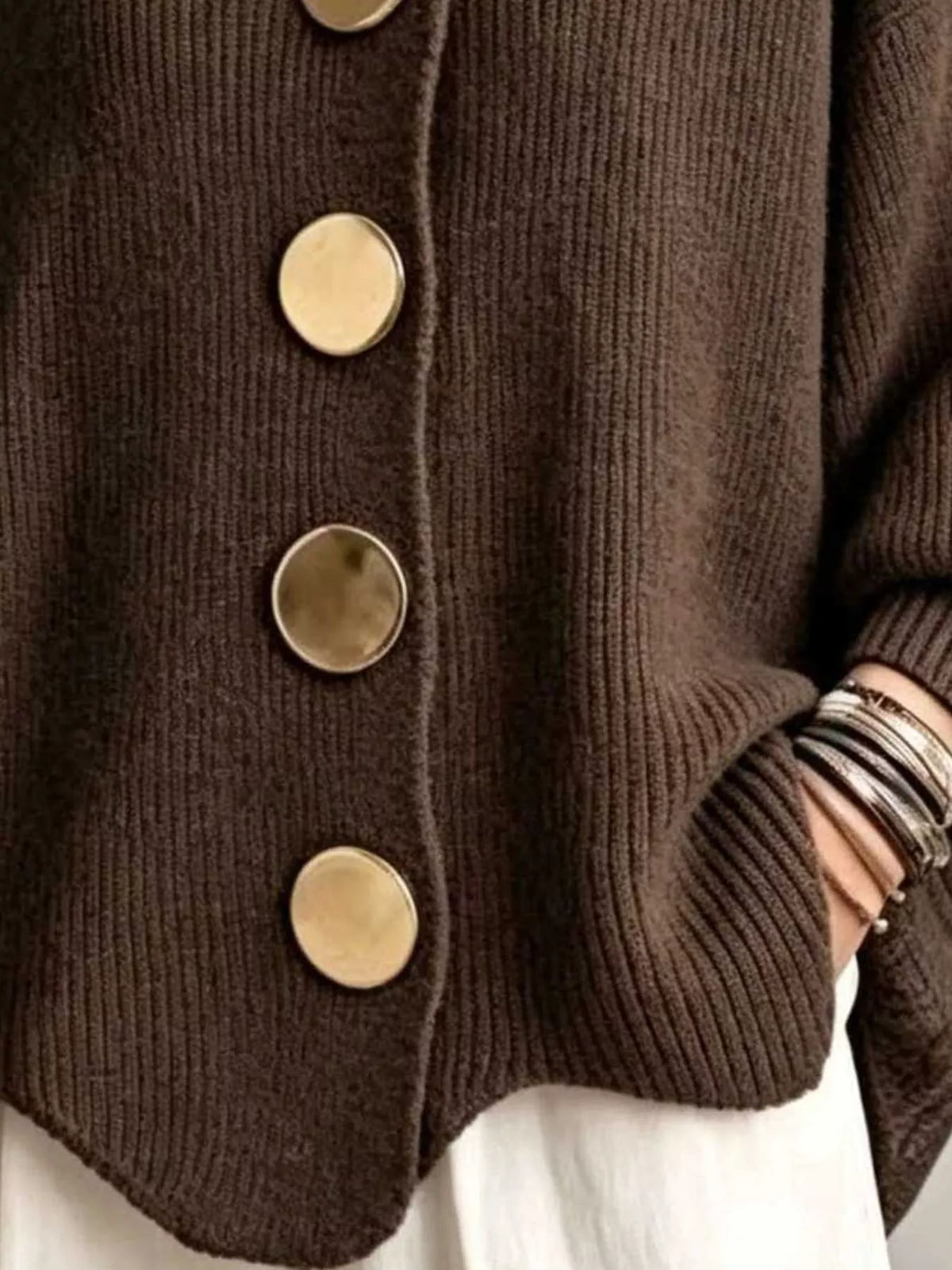 Women's Ribbed Knit Gold Buttons Cardigan in brown — button detail view