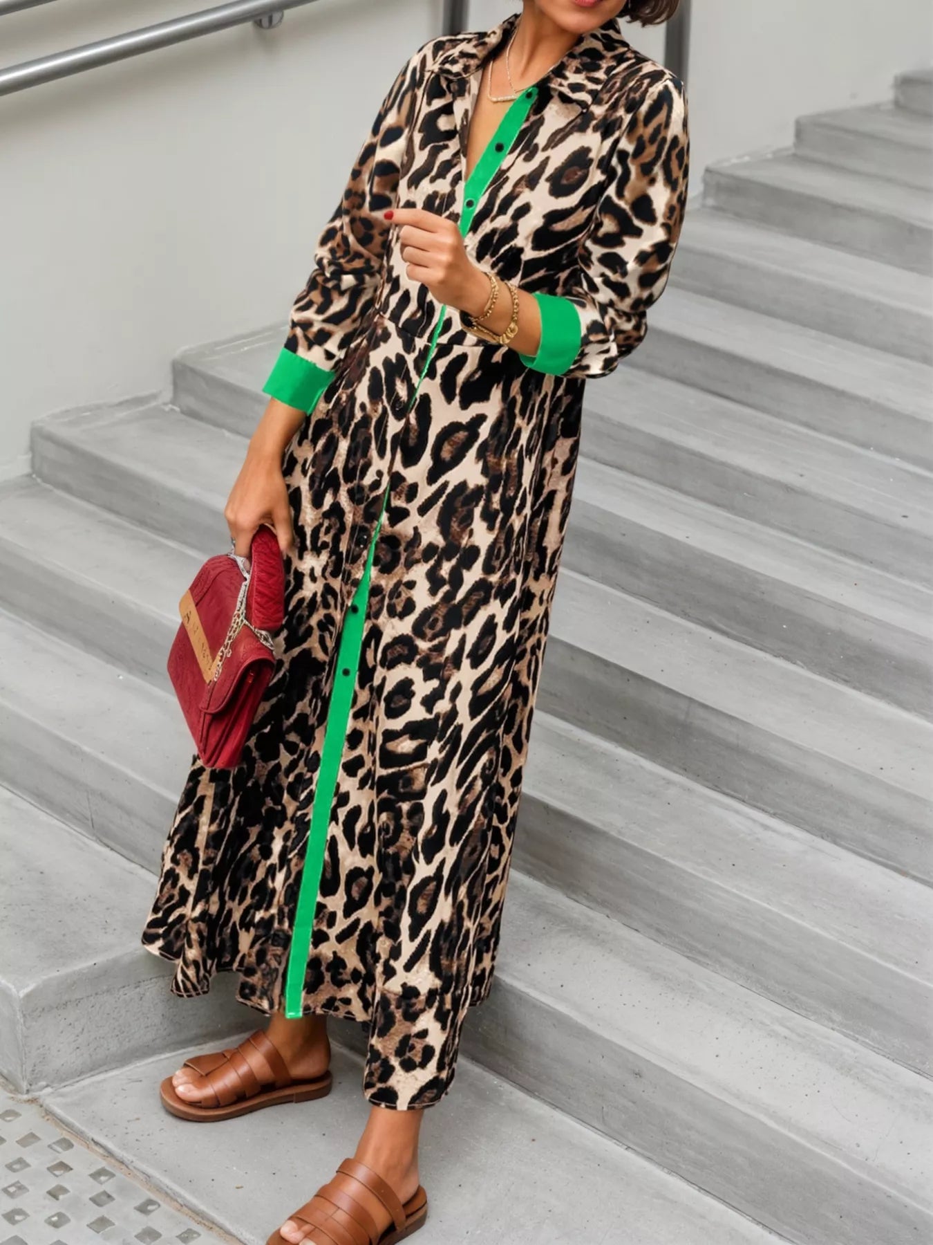 Trendsi Leopard Print Long Sleeve Shirt Dress with Contrast Trim -