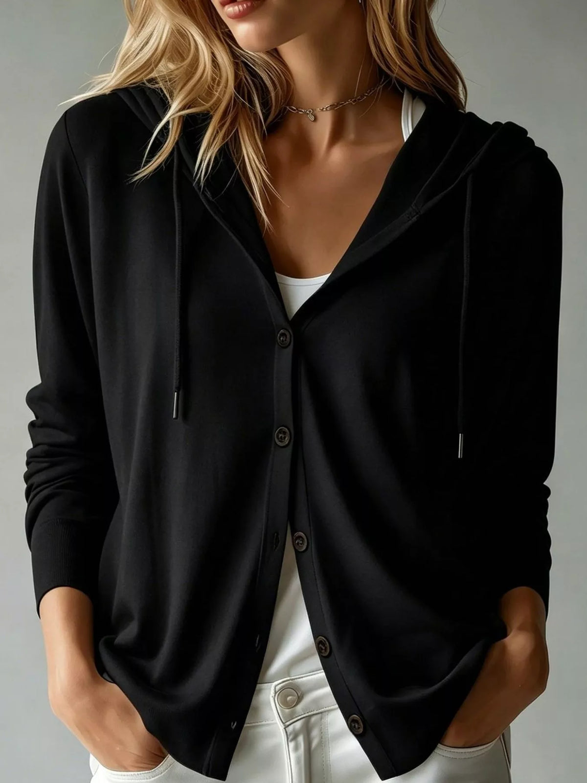 Hooded long sleeve cardigan, front view on model