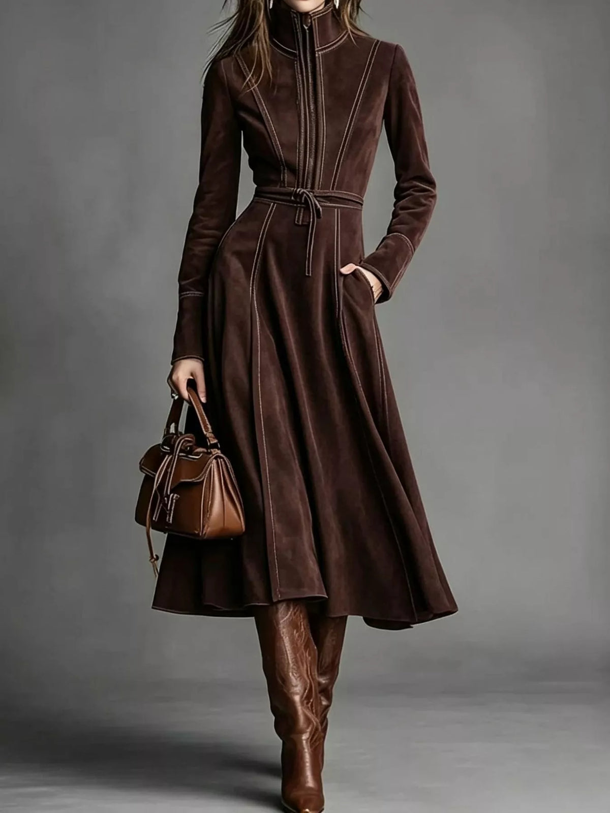 Dark brown zipper front midi dress, front view