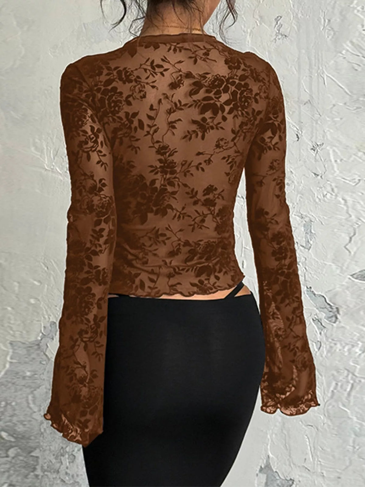 Sheer Floral Tie-Front Flare Sleeve Top, back view in brown