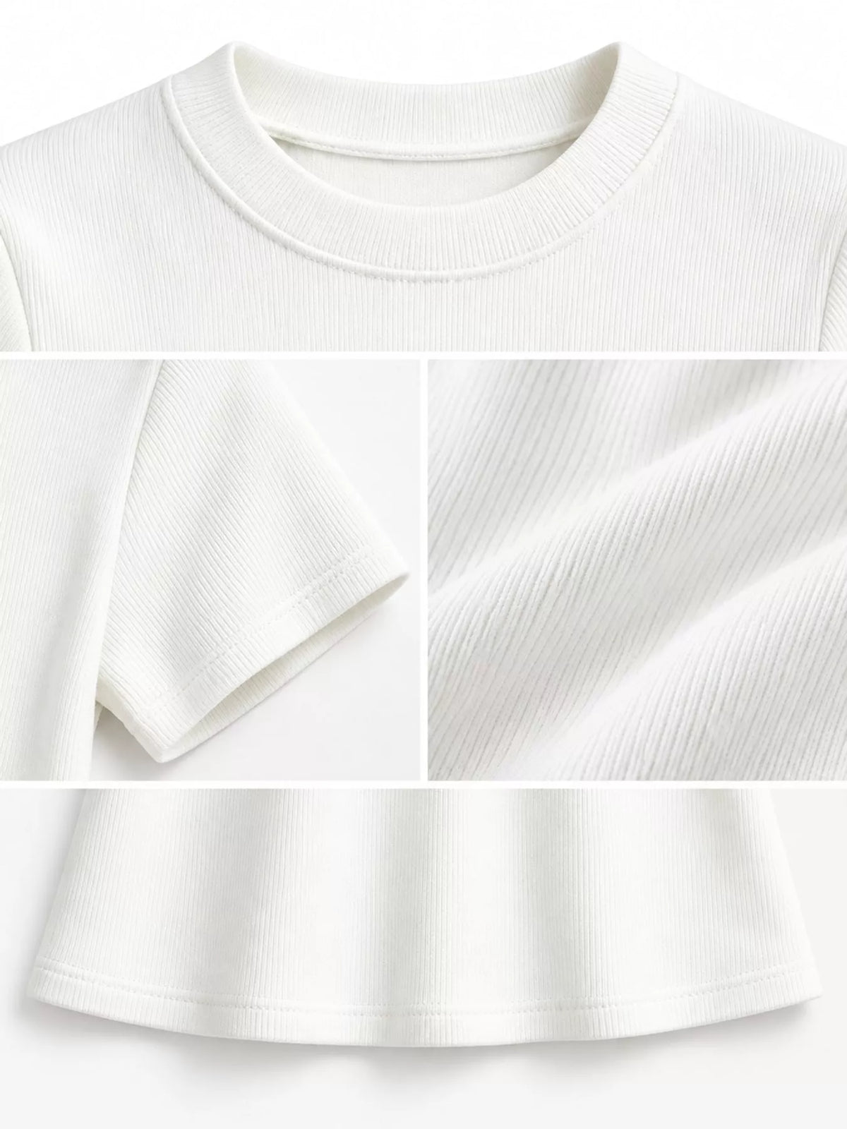White slim-fit crew neck T-shirt, neckline, sleeve and hem detail collage