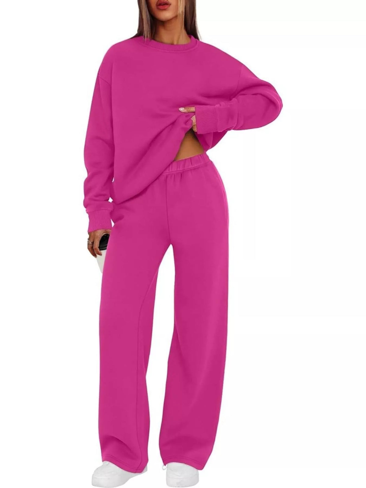 Crewneck Drop Shoulder Sweatshirt and Wide-Leg Pants Set — side view