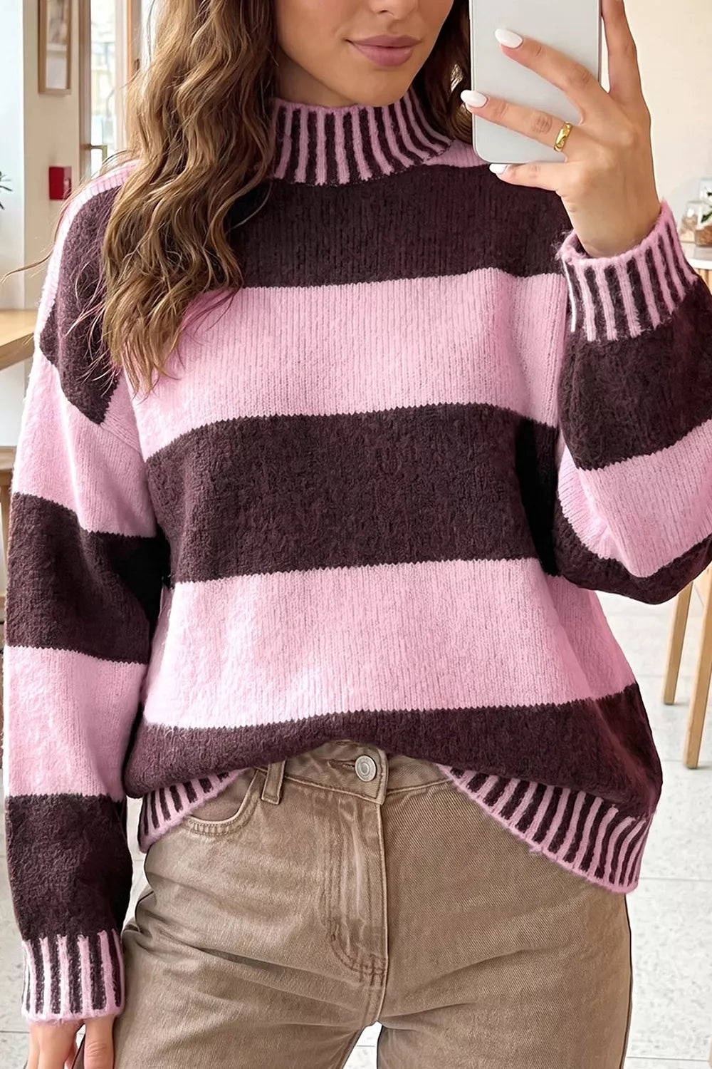 Trendsi Stripe Contrast High Neck Dropped Shoulder Relaxed Sweater -