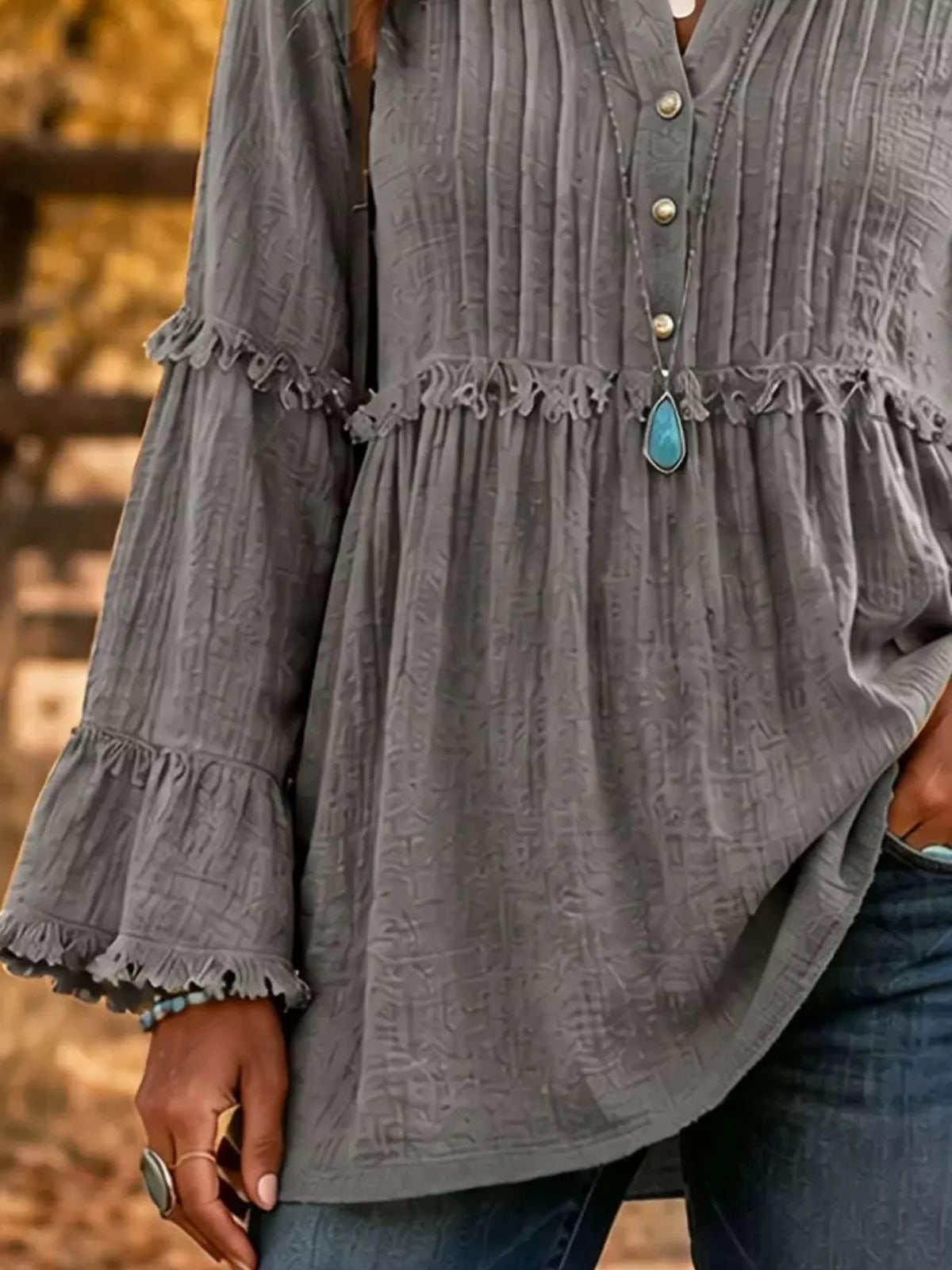 Trendsi Full Size Frill Notched Long Sleeve Blouse Plus Size -