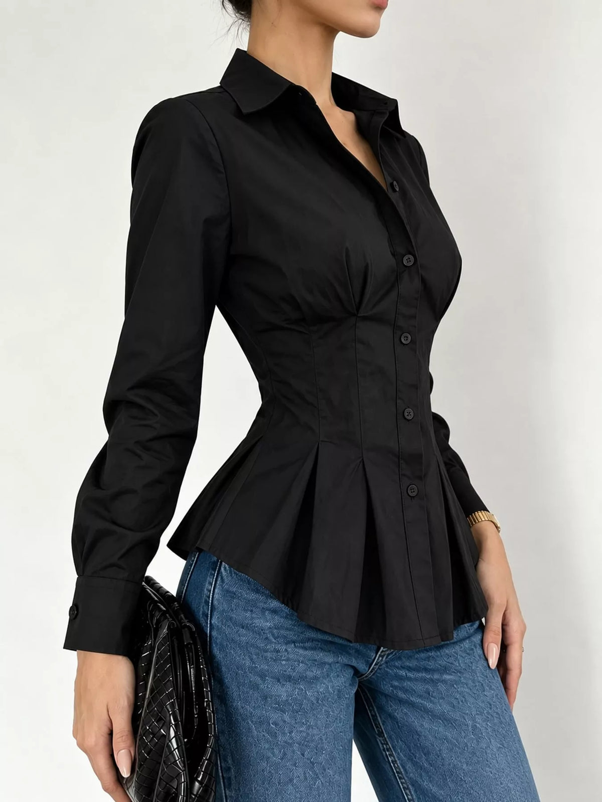 Button-Down Peplum Blouse with Fitted Waist, side view