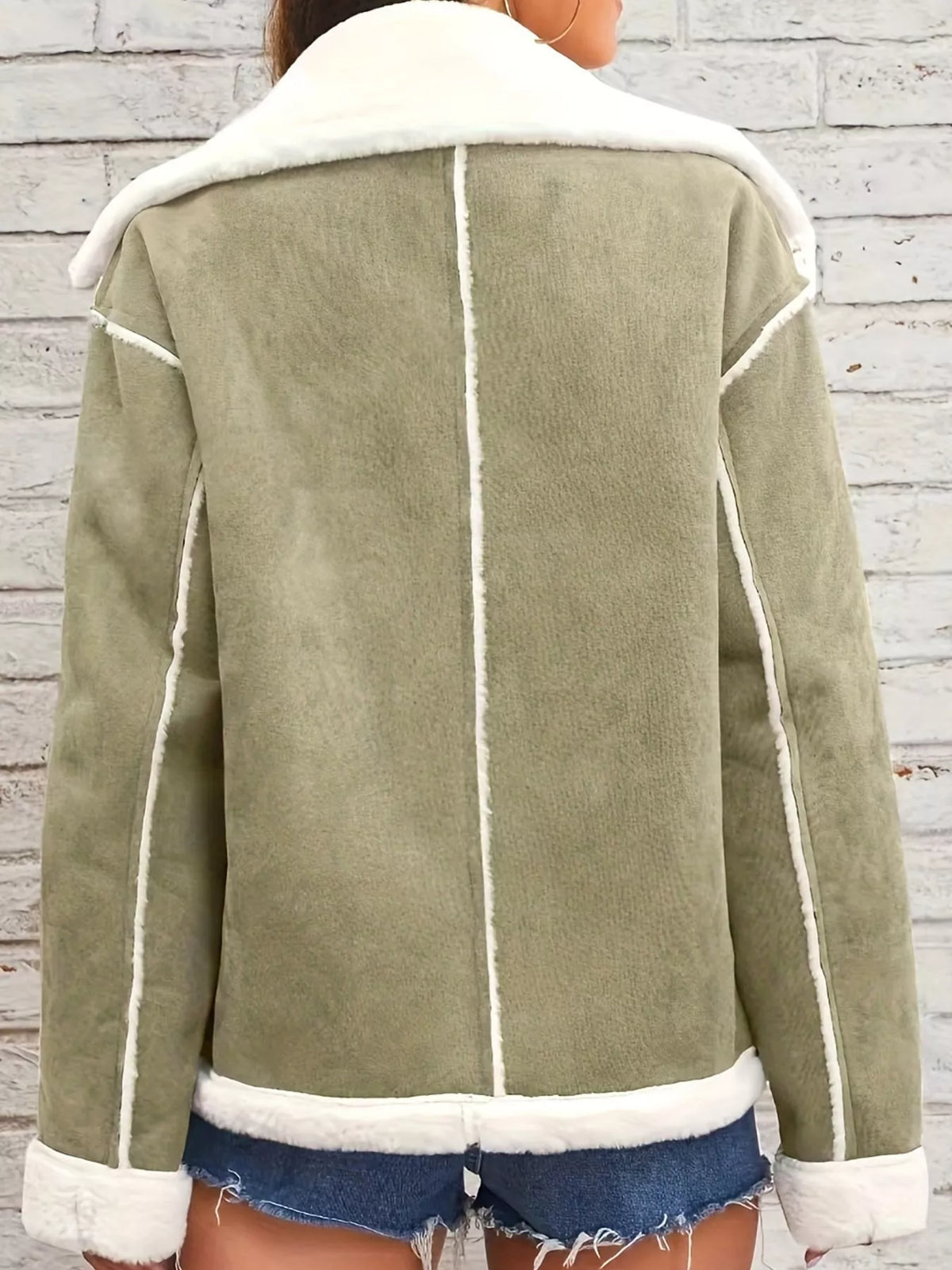 Green plush-lined button-front jacket — back view
