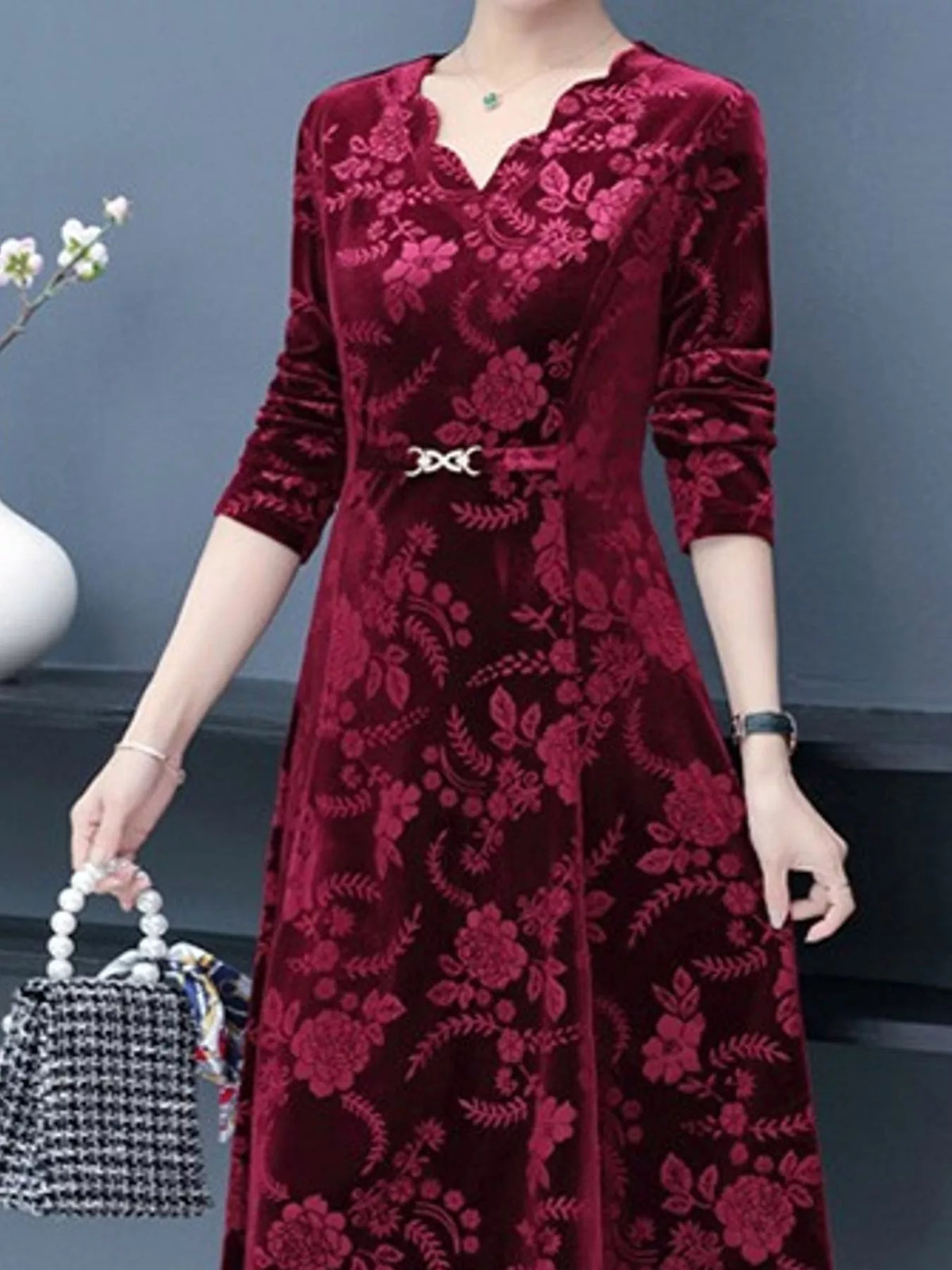 V-neck long sleeve midi dress, front view on model