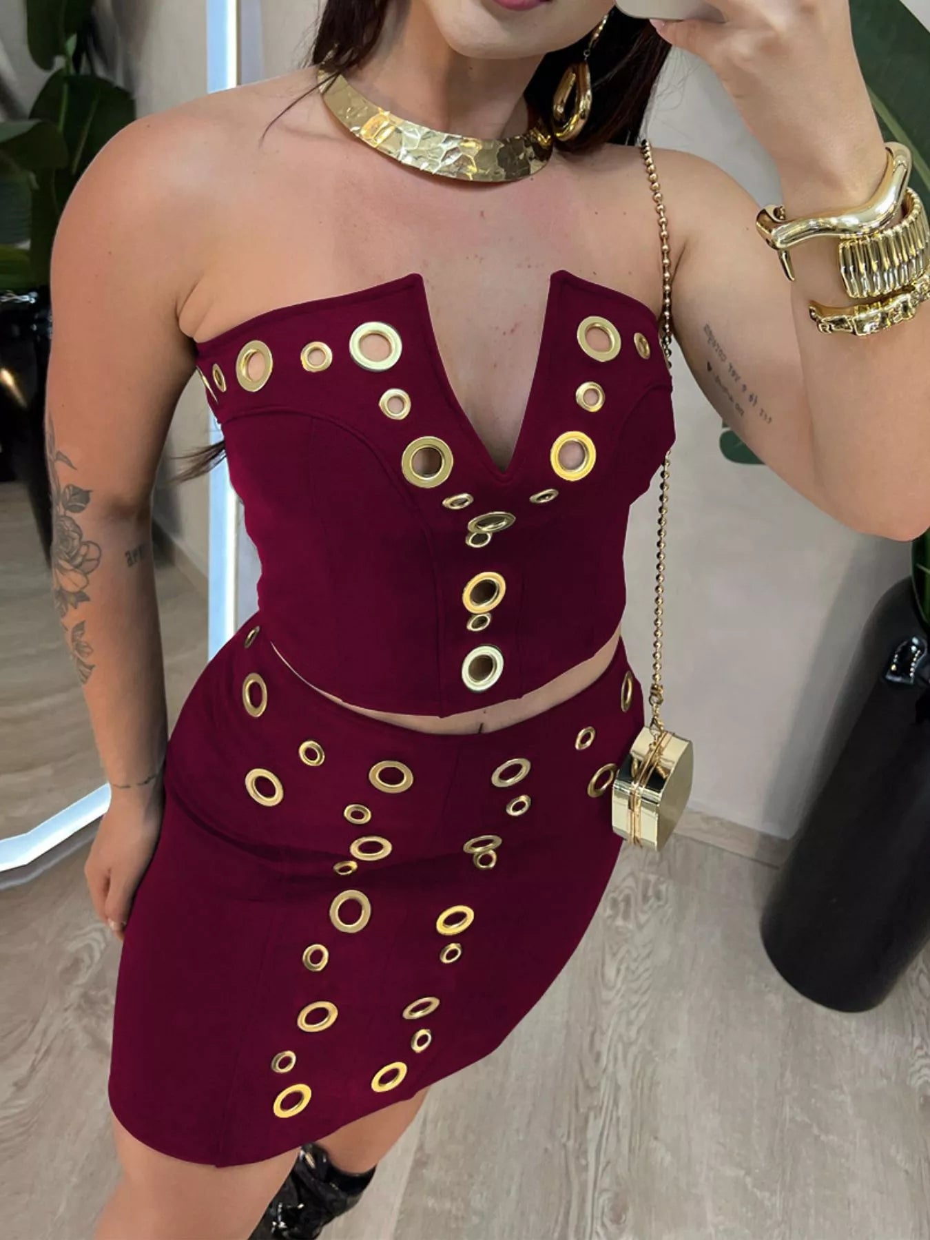 Trendsi Grommet Crop Top and Mini Skirt Set -