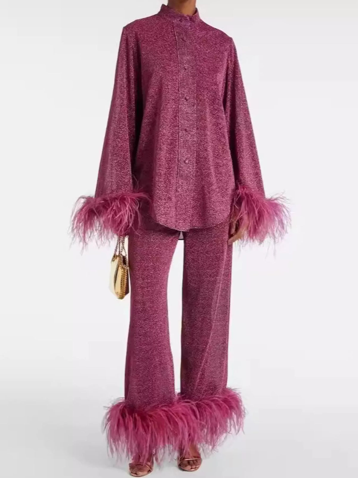 Burgundy feather-trimmed top and wide-leg pants set — front view