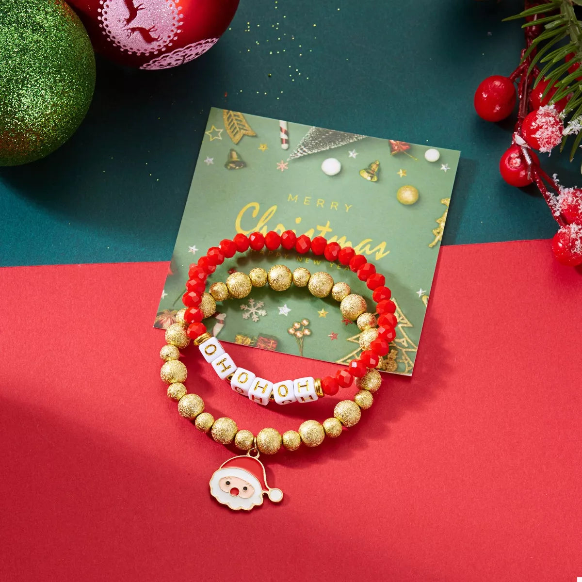 Trendsi 2 Piece Christmas Santa Beaded Bracelet -