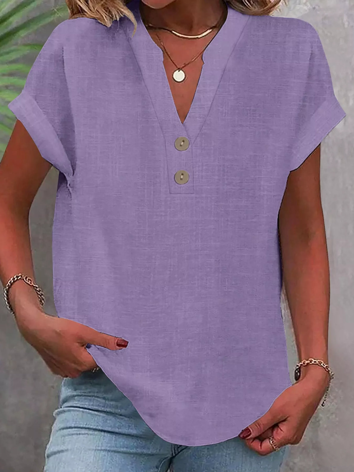 Purple button detail short sleeve blouse, front view