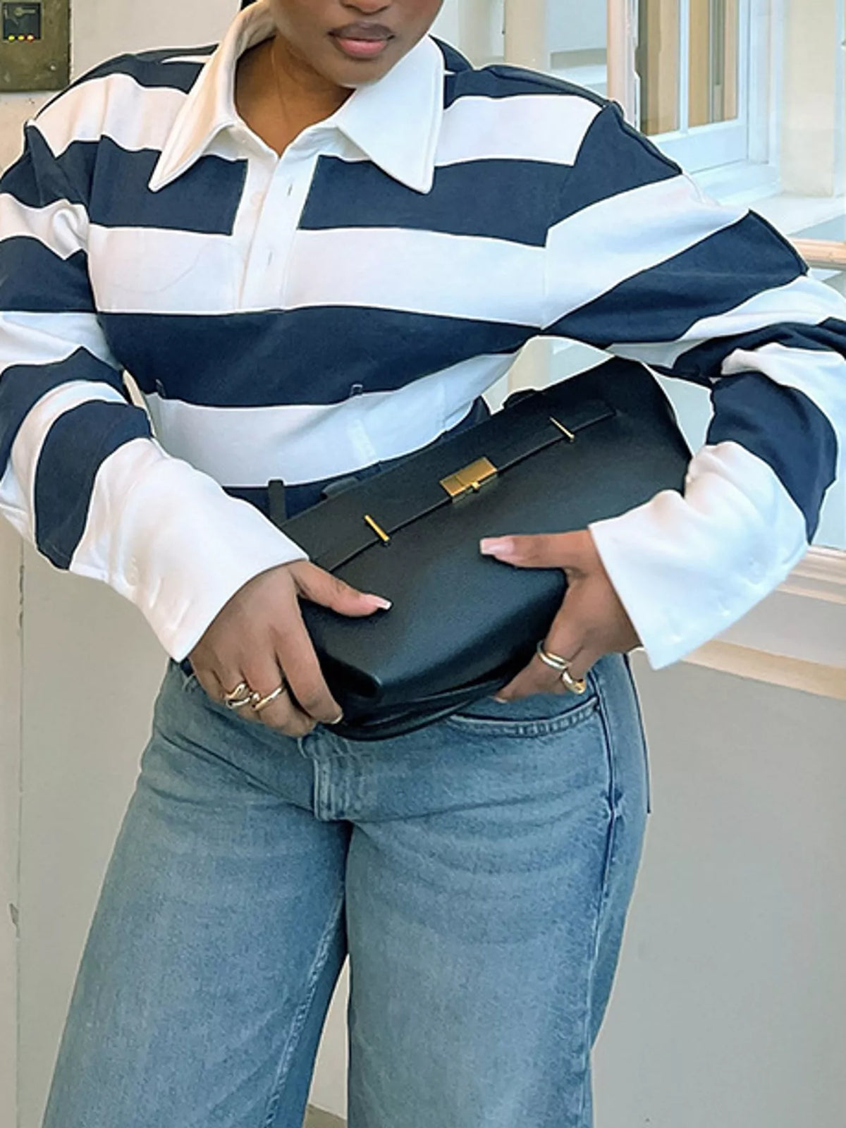 Collared long sleeve top, front view on model