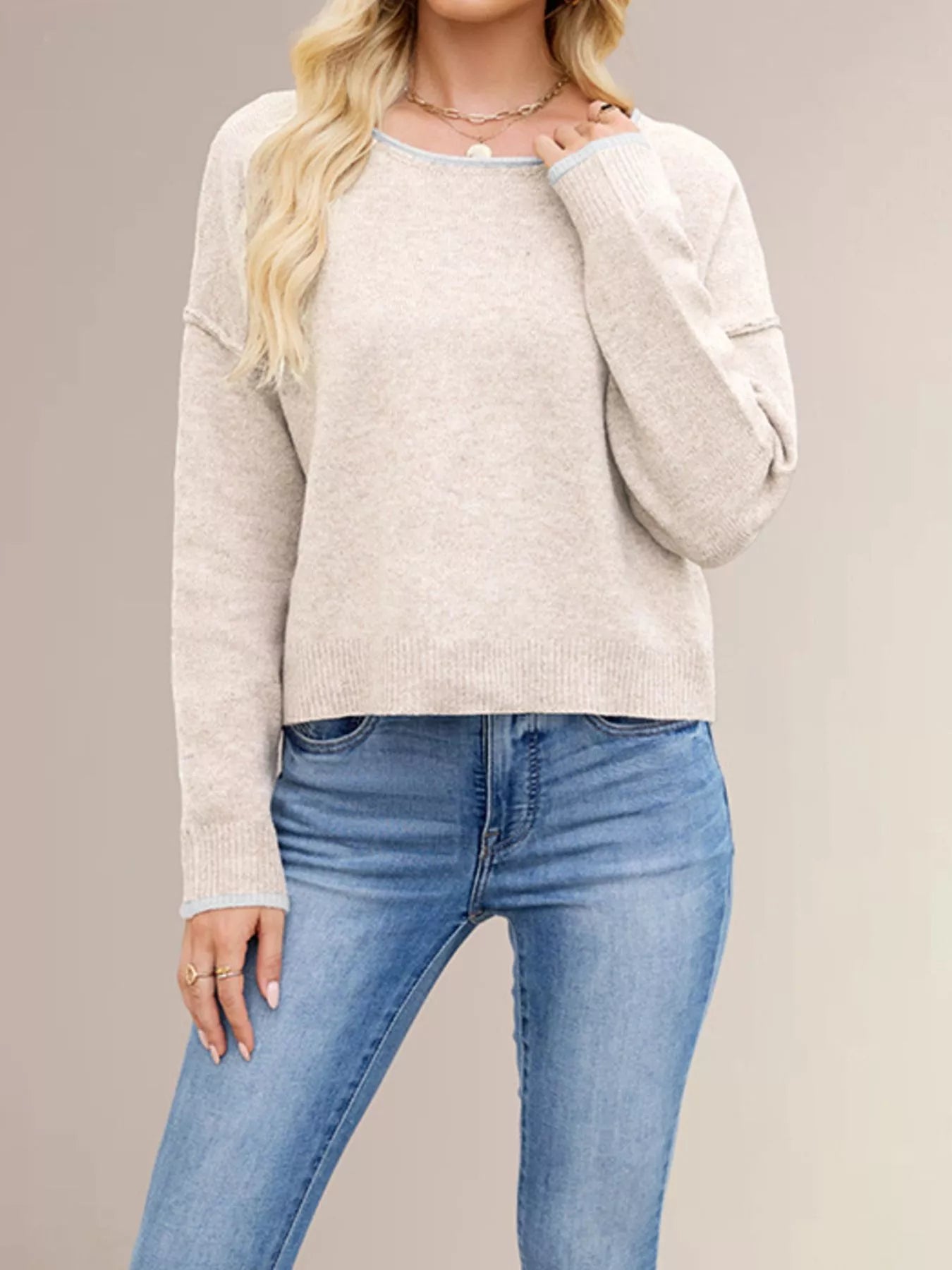 Trendsi Contrast Trim Dropped Shoulder Sweater -