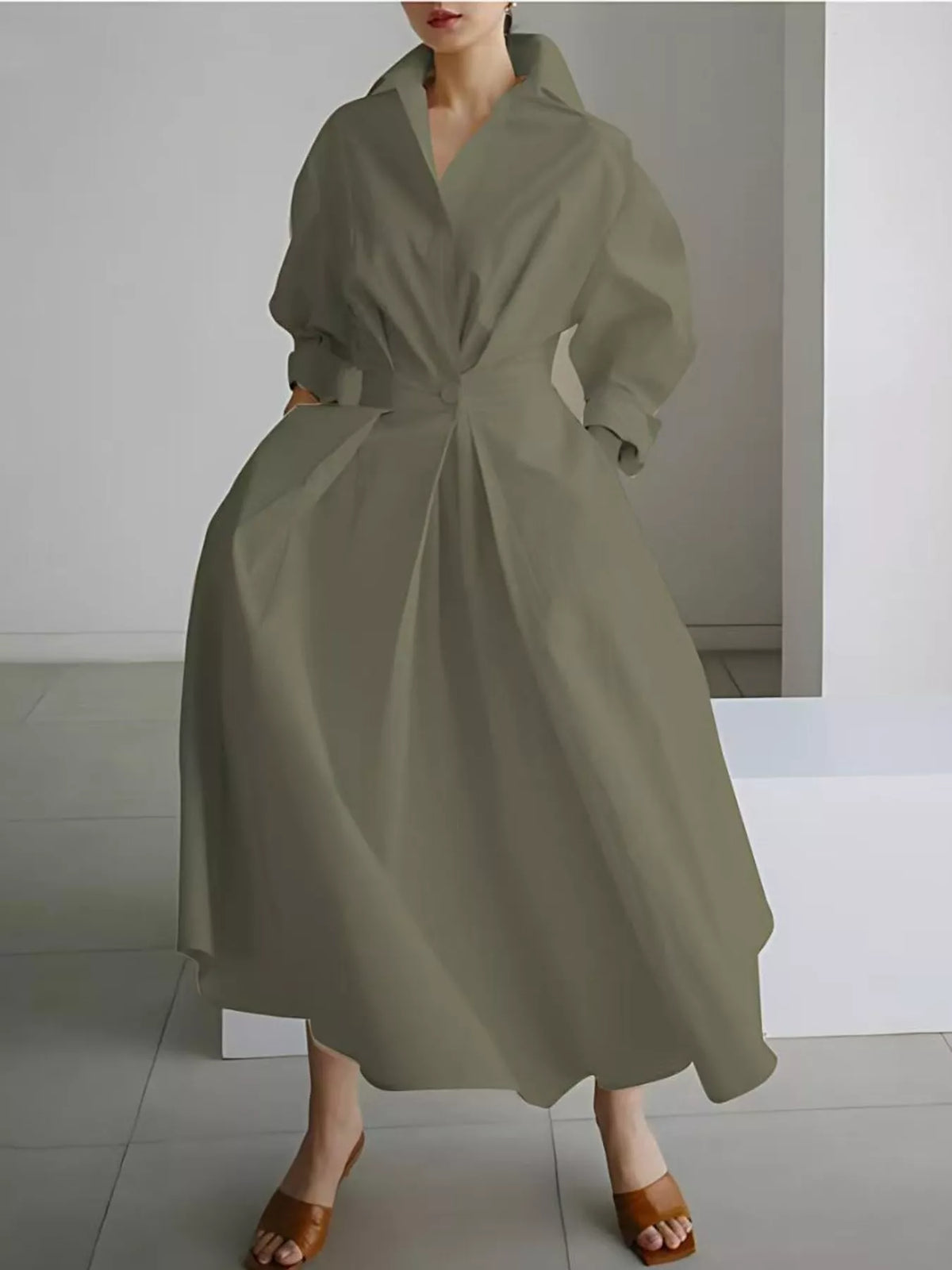 Collared Three-Quarter Sleeve Midi Shirt Dress — front view
