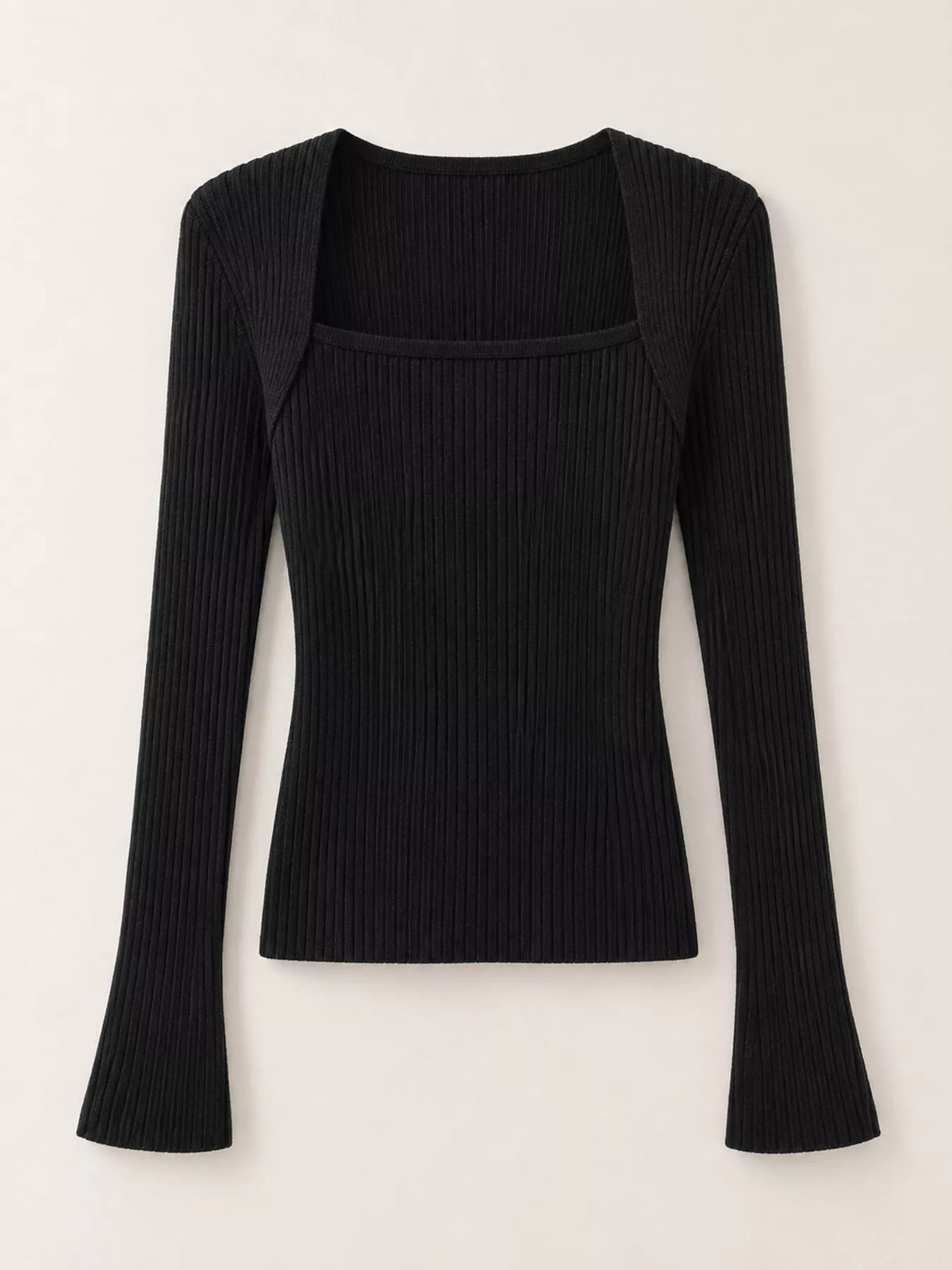 Black square neck ribbed knit slim-fit top