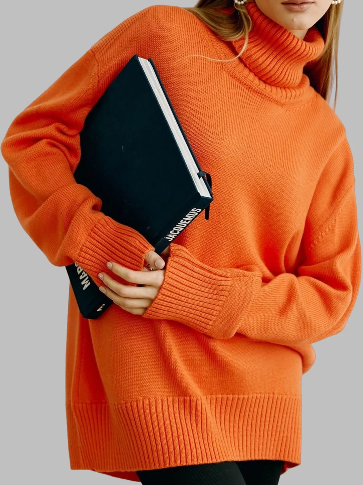 Turtleneck sweater, orange angled front