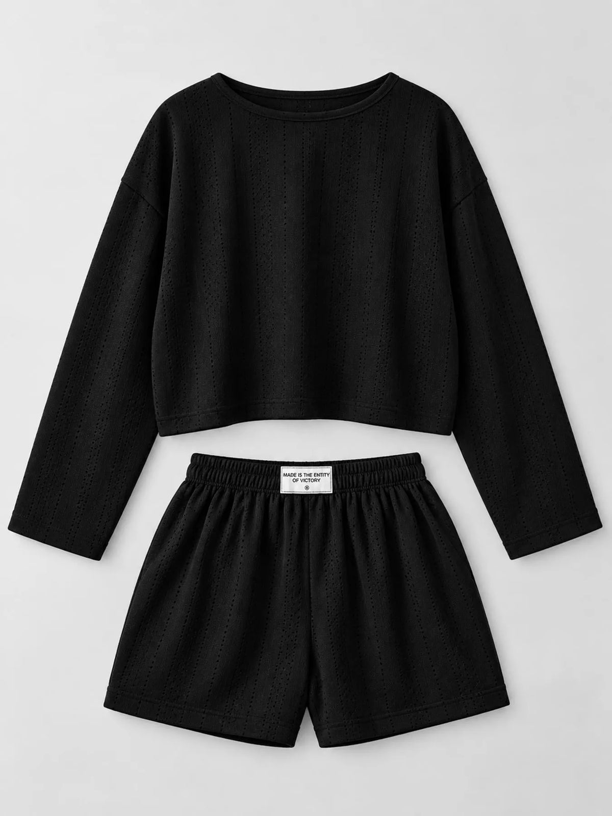 Eyelet Long Sleeve Top and Shorts Lounge Set in black