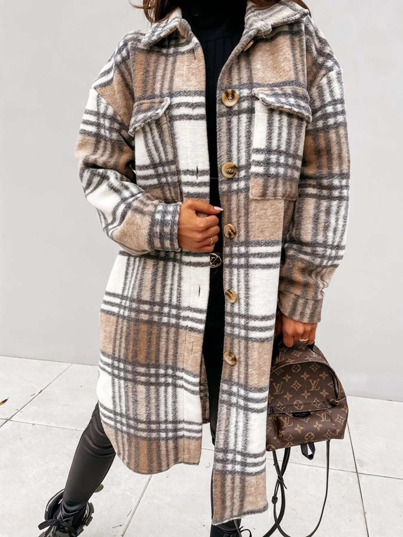 Trendsi Longline Plaid Button Up Coat -