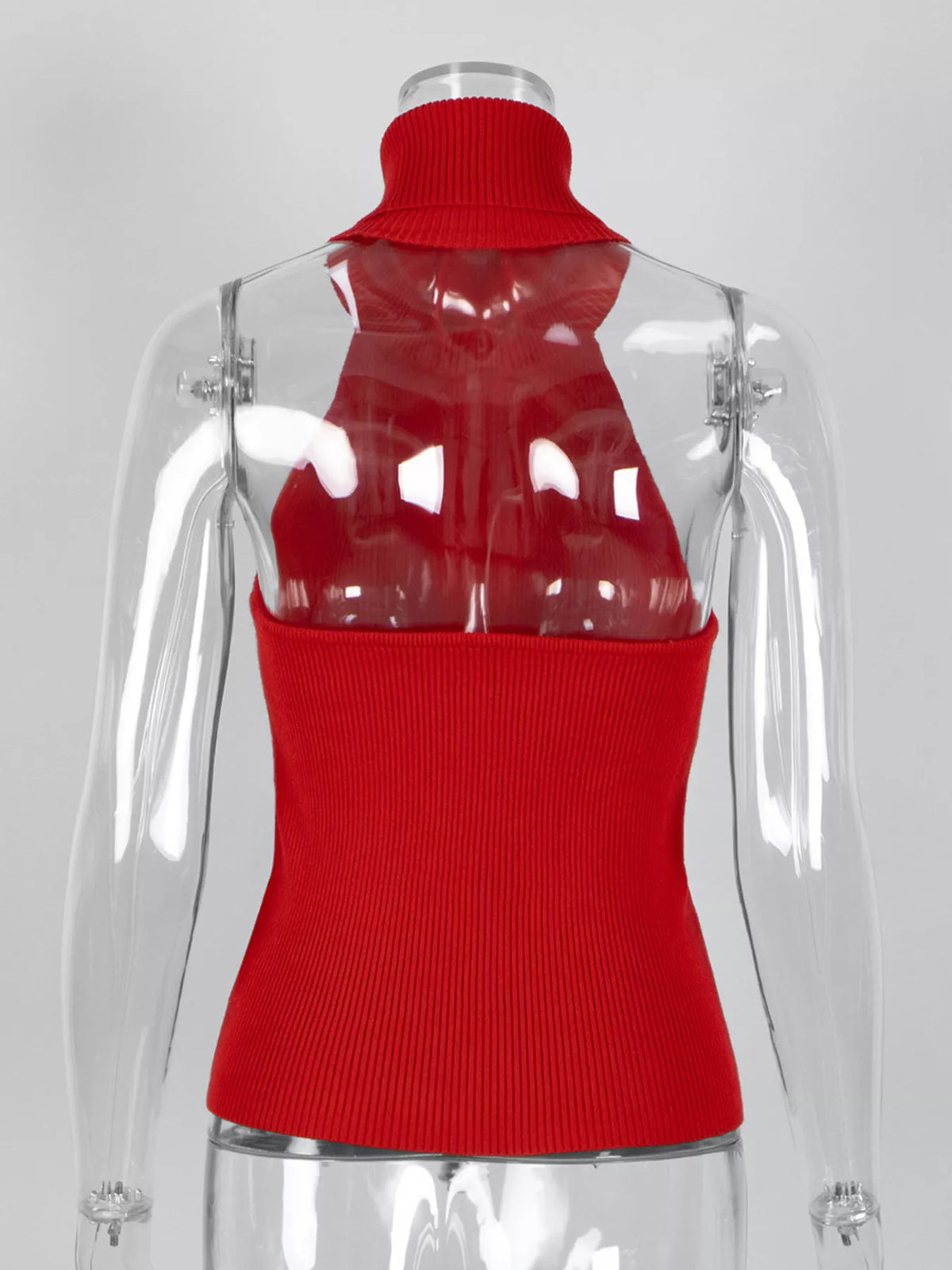 Red ribbed halter-neck tank, back on mannequin