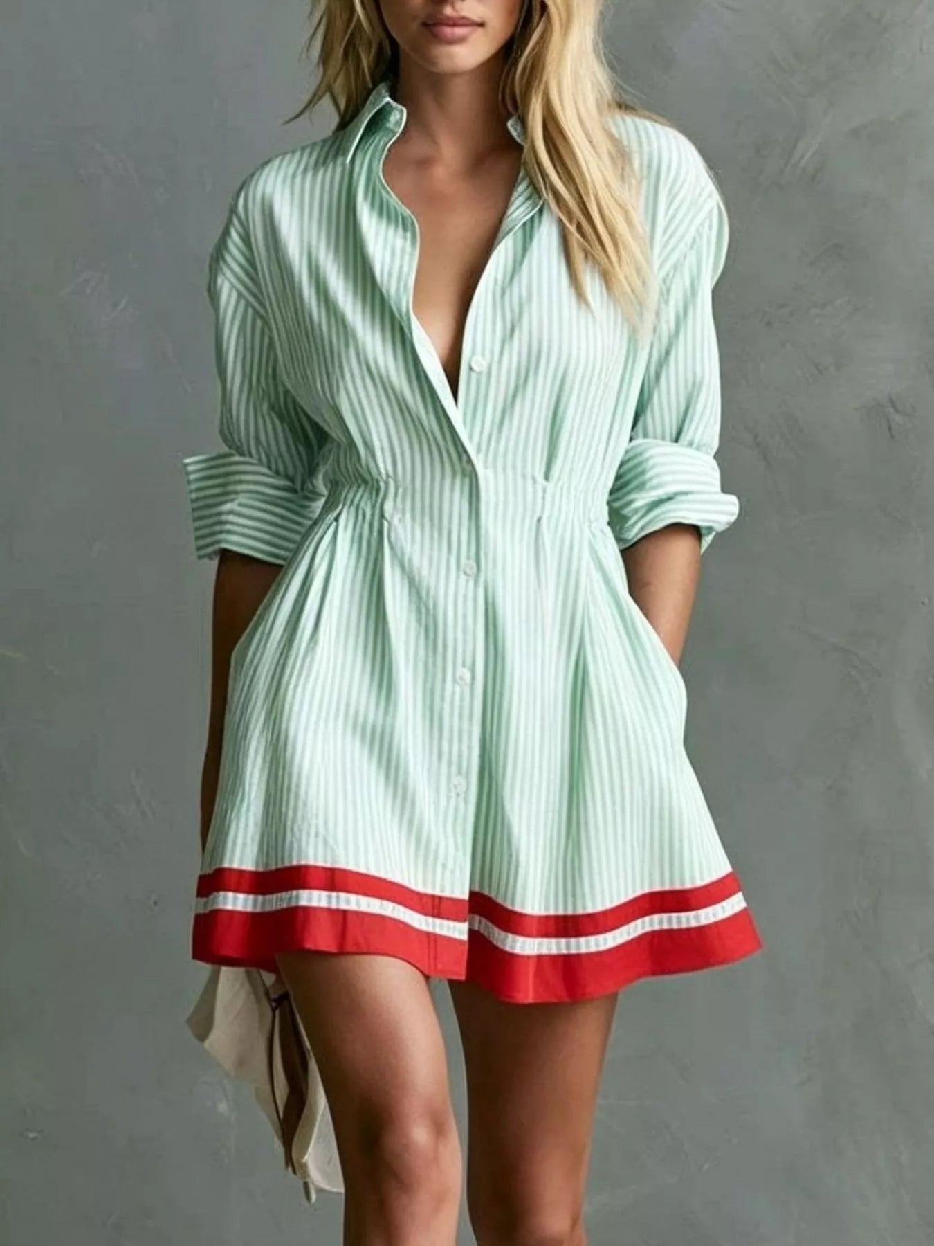 Trendsi Striped Button-Down Shirt Dress with Contrast Hem -
