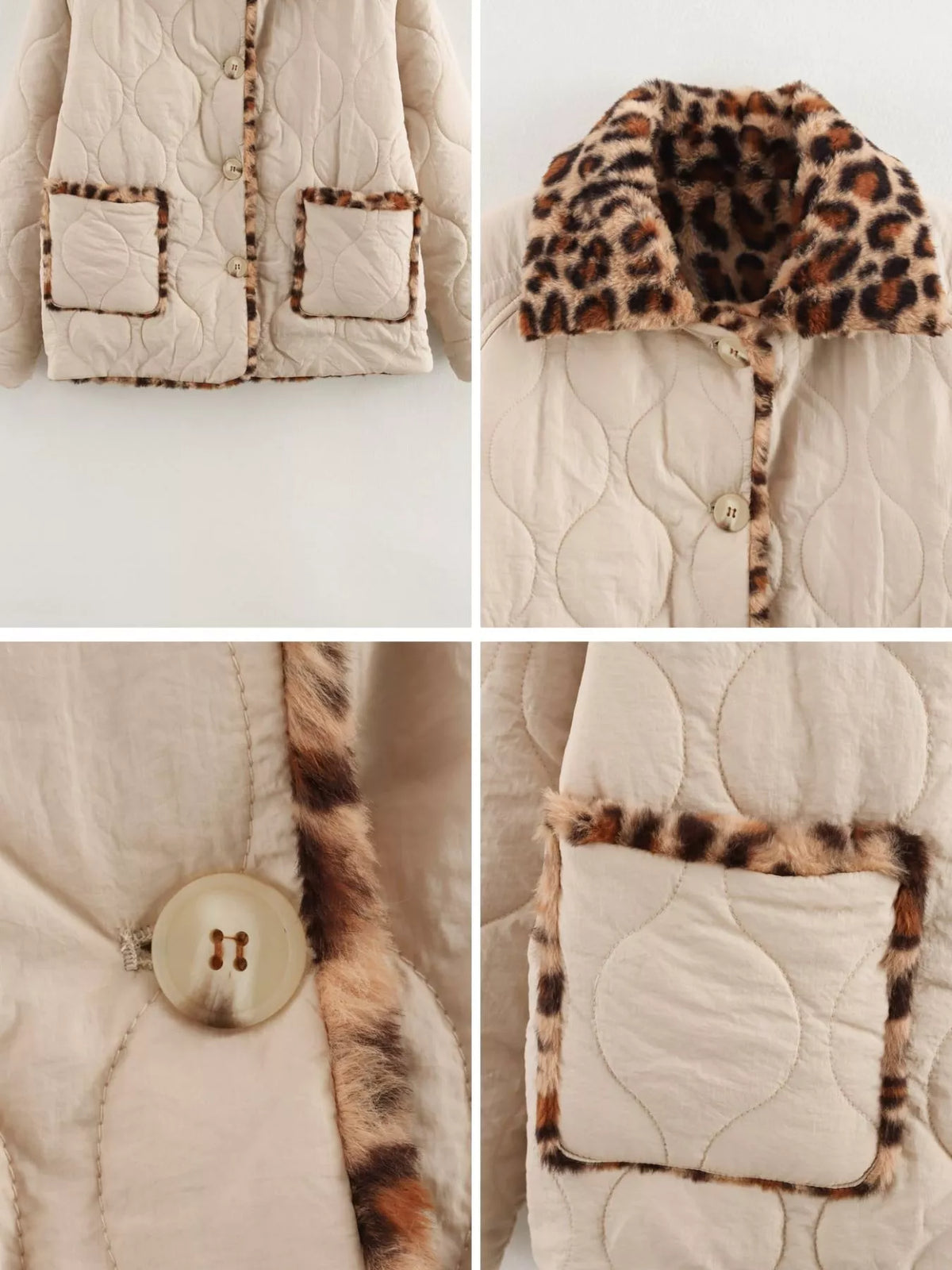 Faux-fur-trim quilted jacket, leopard collar pocket and button collage