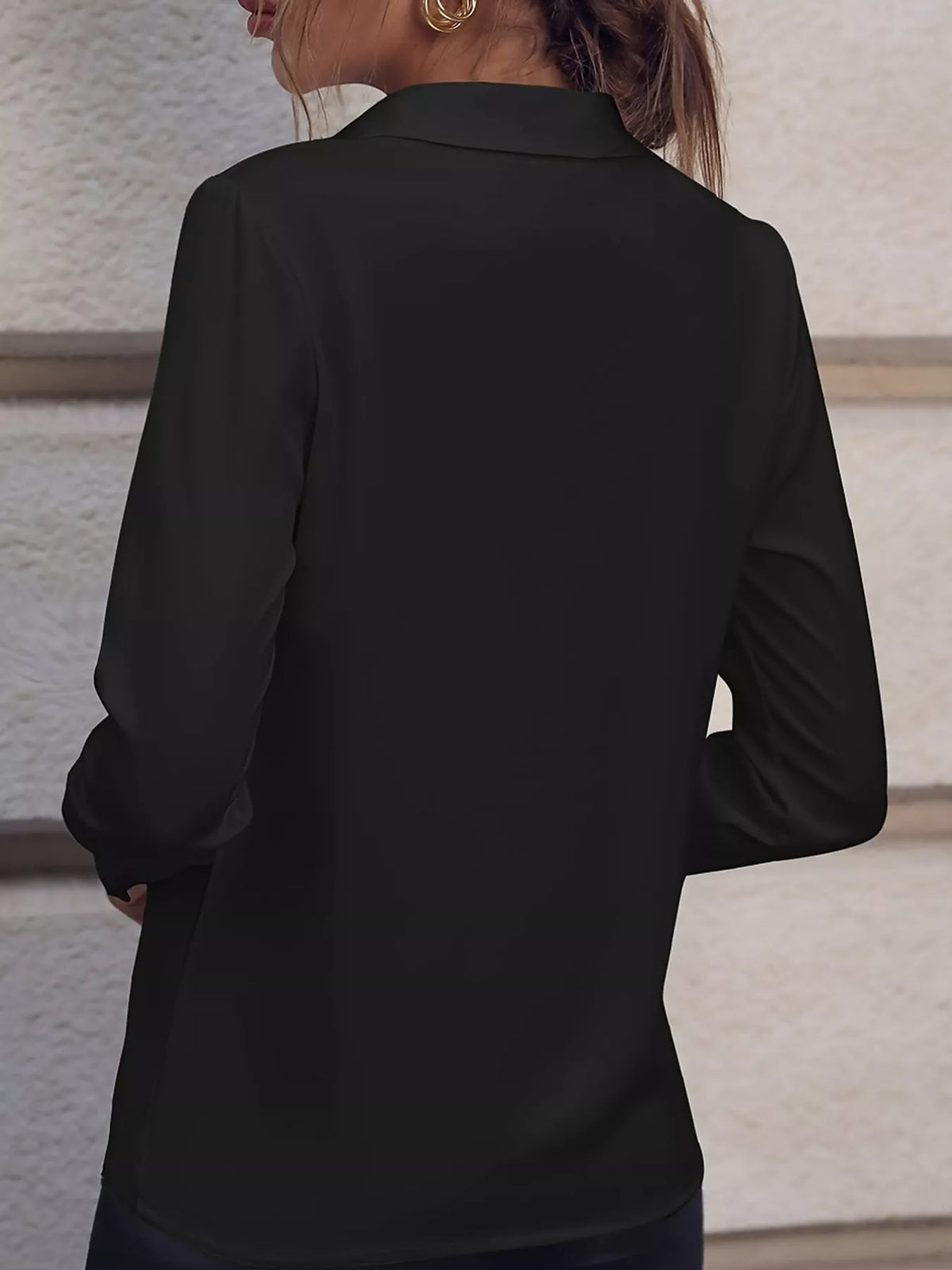 Women's Collared Clasp Detail Long Sleeve Satin Blouse in black — back view
