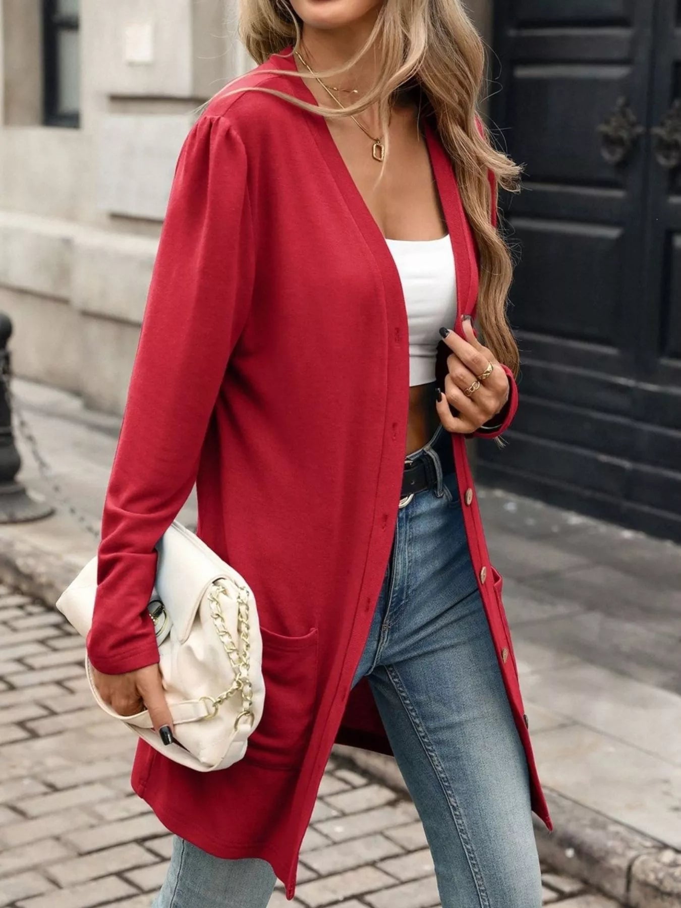 Trendsi V-Neck Button-Up Long Sleeve Cardigan with Pockets -