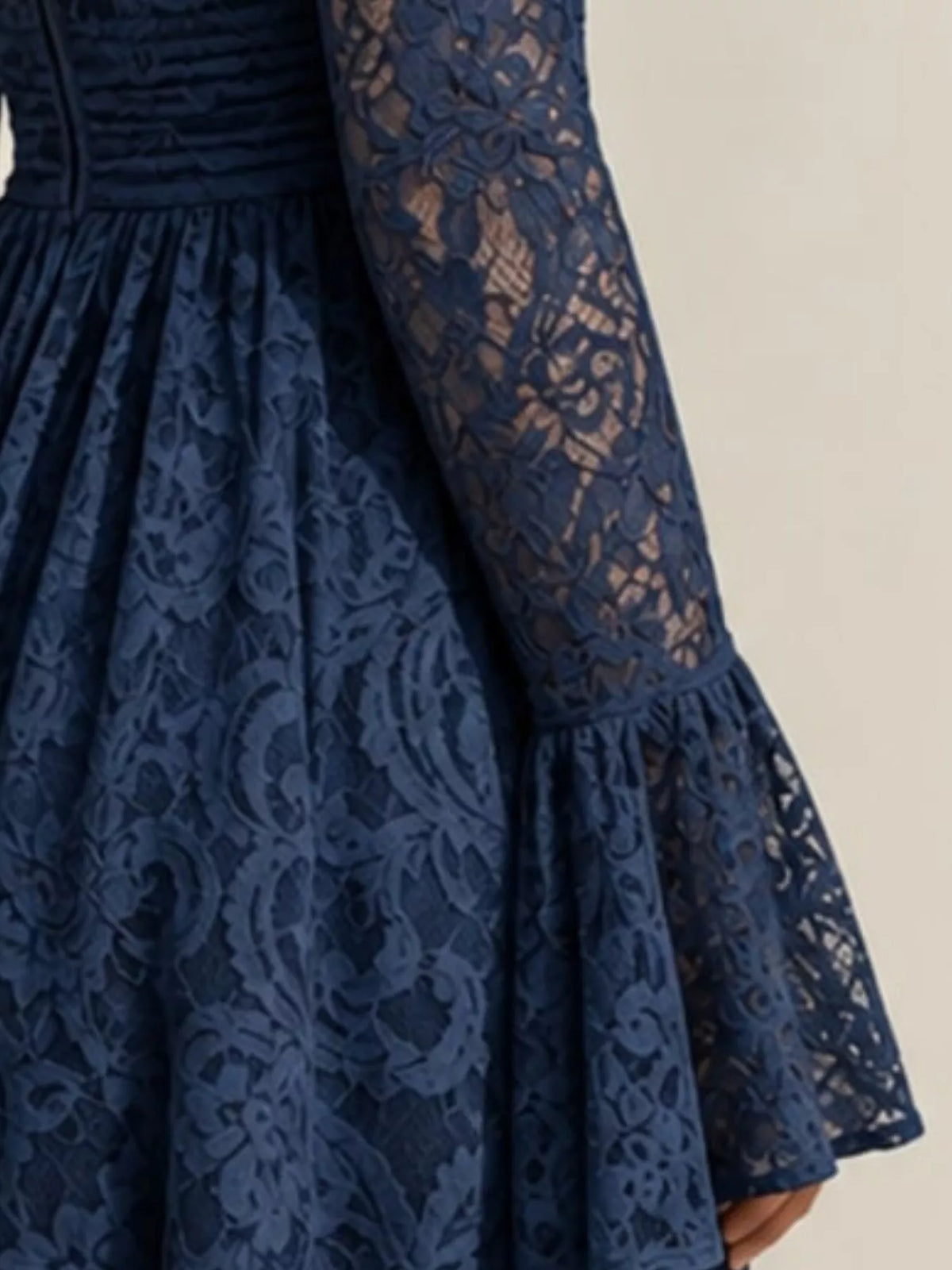 Lace maxi dress, navy bell sleeve detail