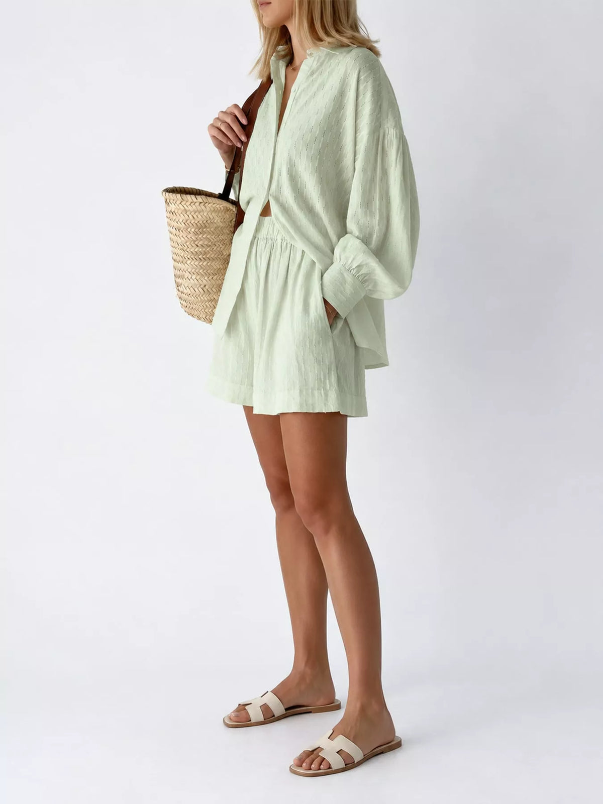 Women's Textured Button-Down Shirt and Shorts Set in sage — side view
