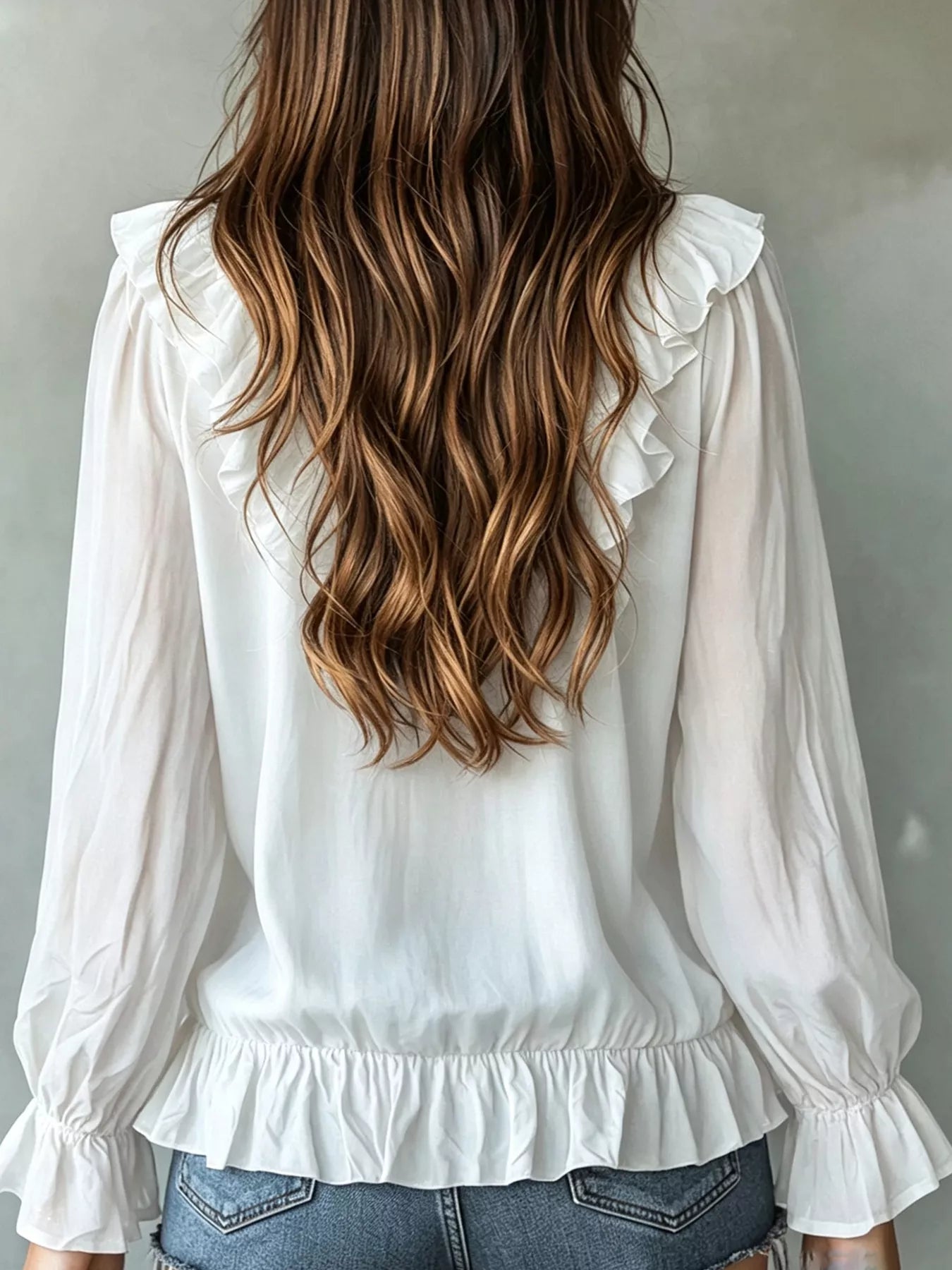 Trendsi Ruffle V-Neck Long Sleeve Blouse -