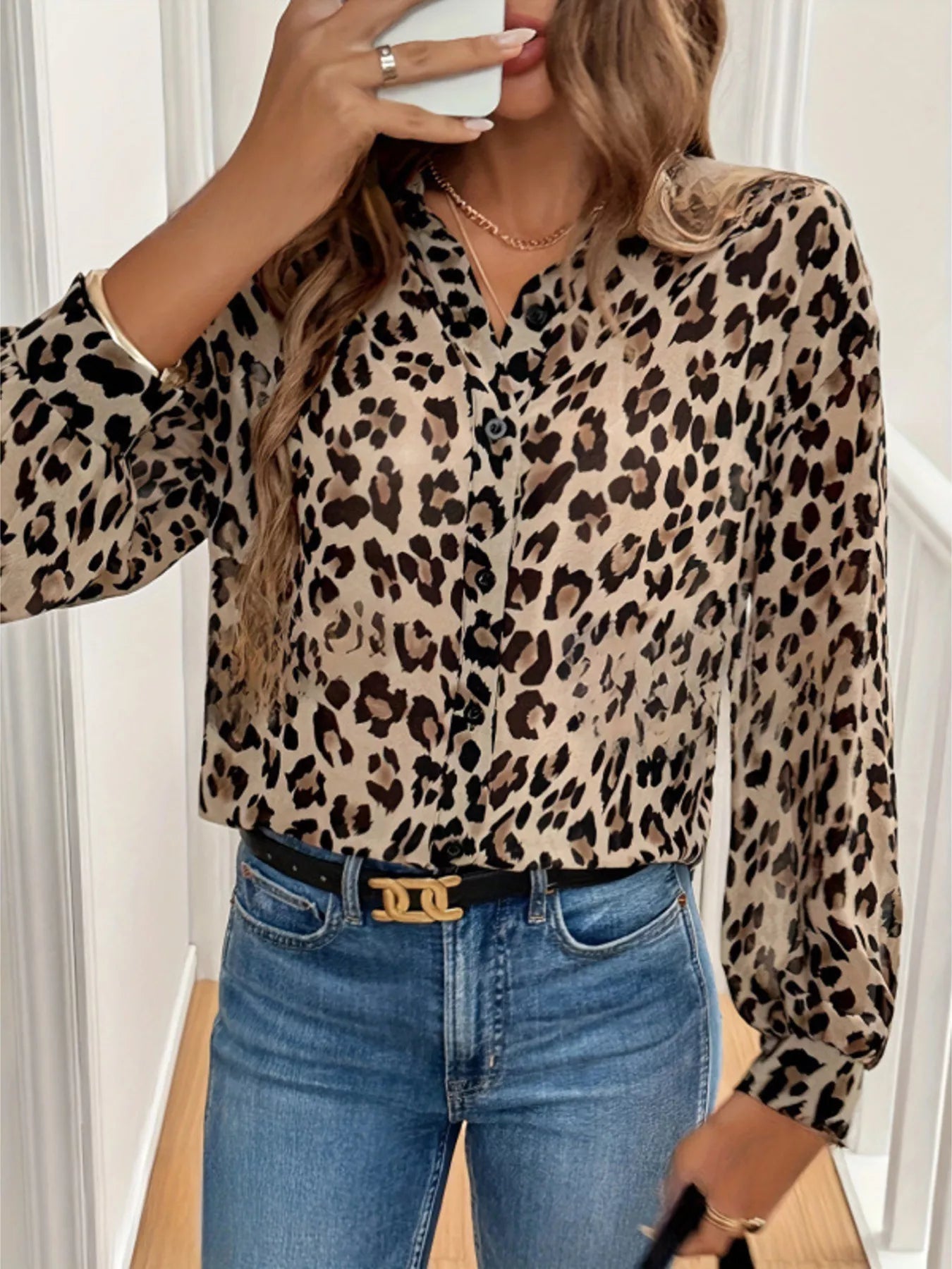 Trendsi Leopard Print Button-Down Long Sleeve Shirt -