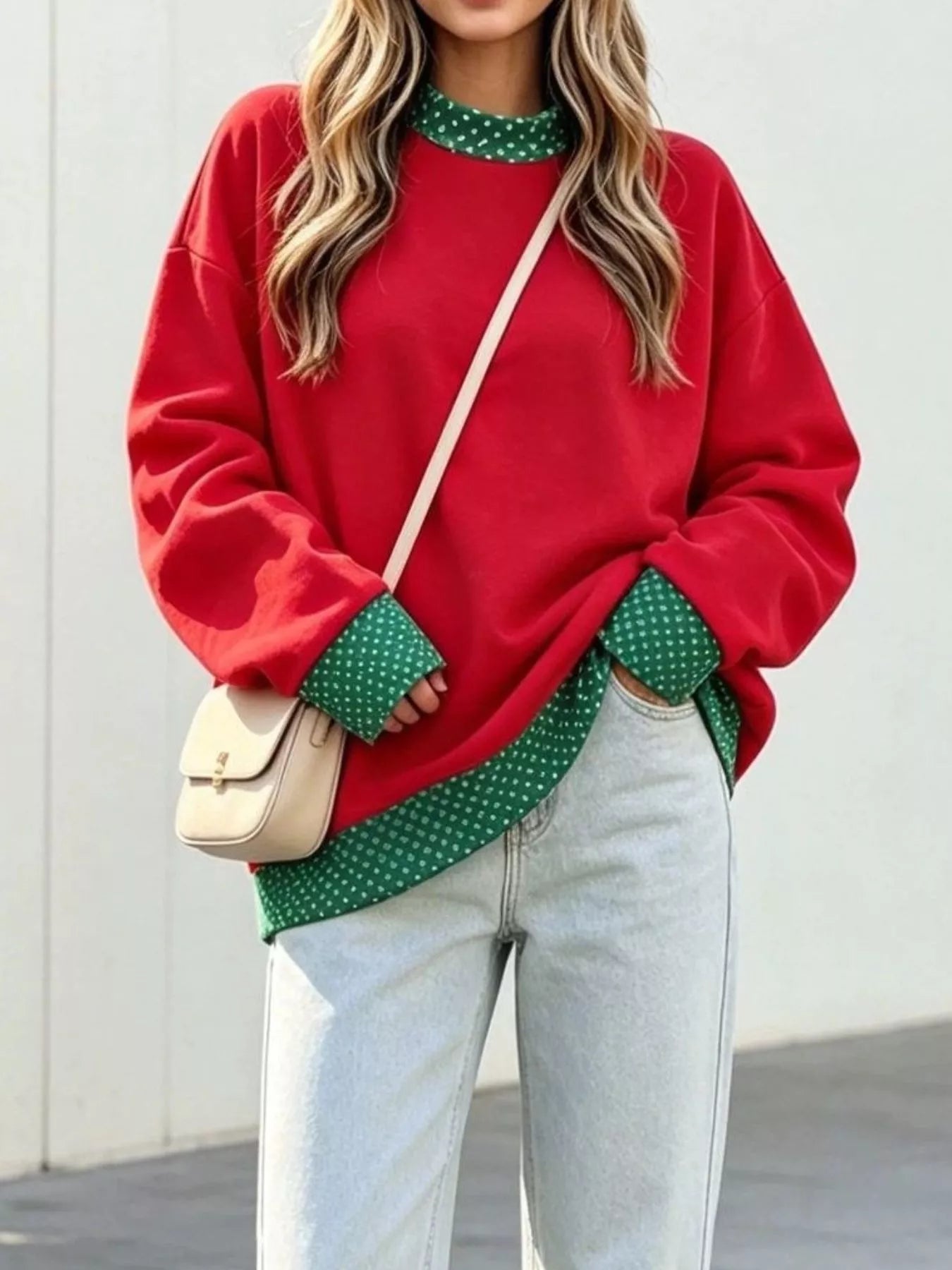 Trendsi Polka Dot Contrast Trim Dropped Shoulder Sweatshirt -