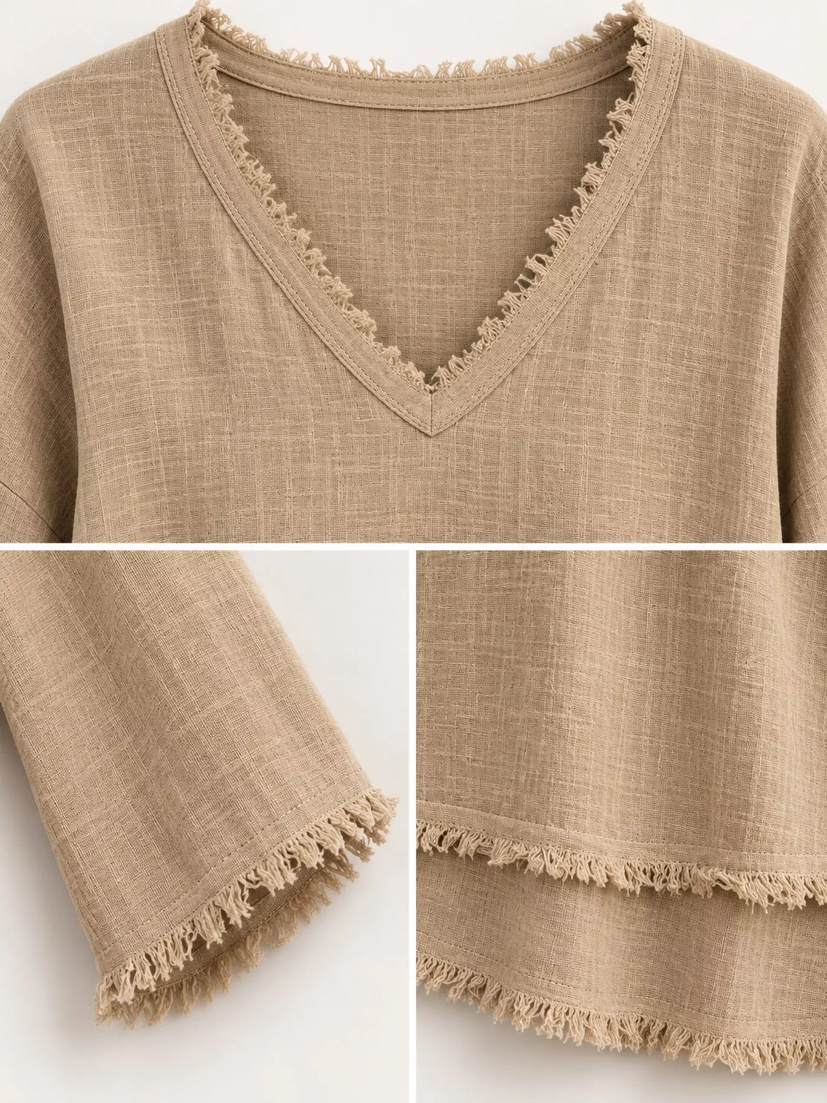 Frayed V-neck blouse, beige detail
