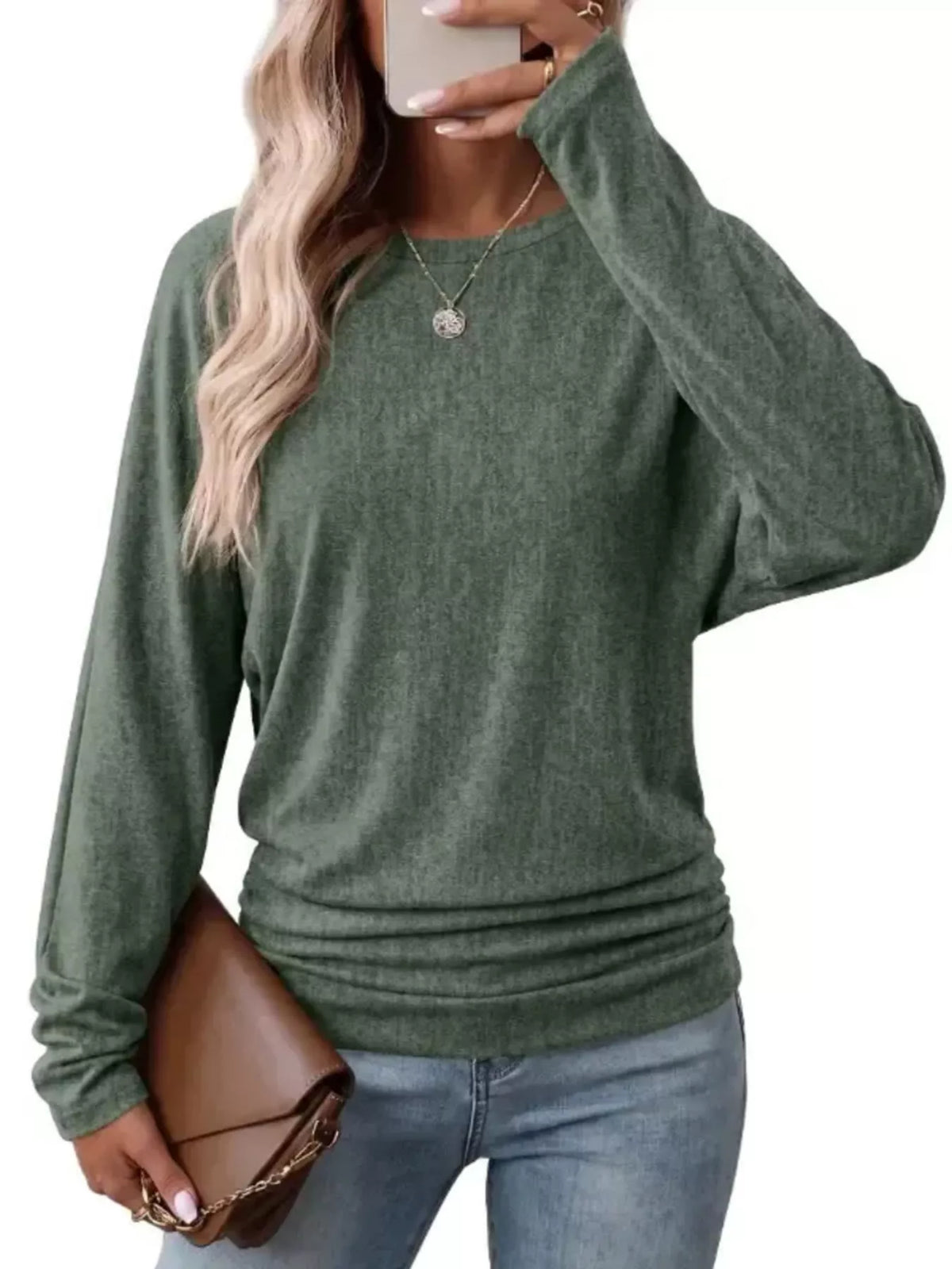 Green crew neck t-shirt with ruched hem