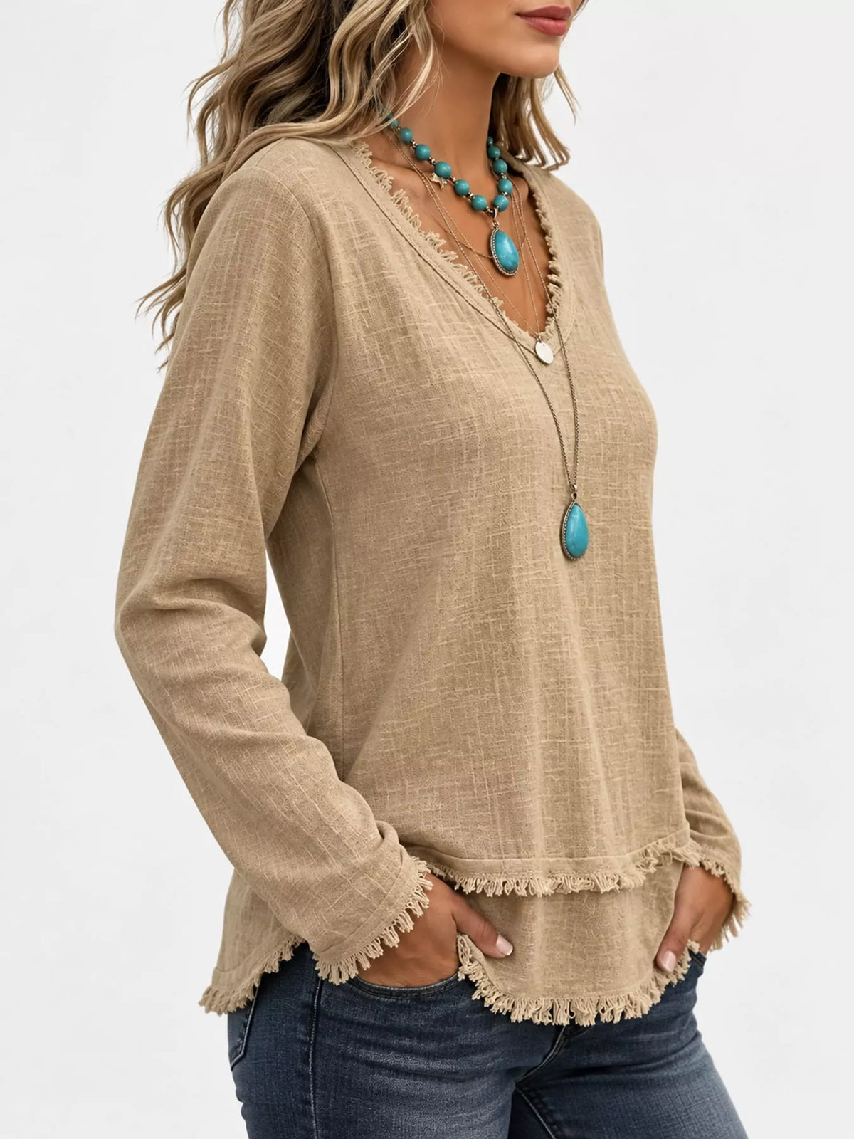 Frayed-hem blouse, tan angled front